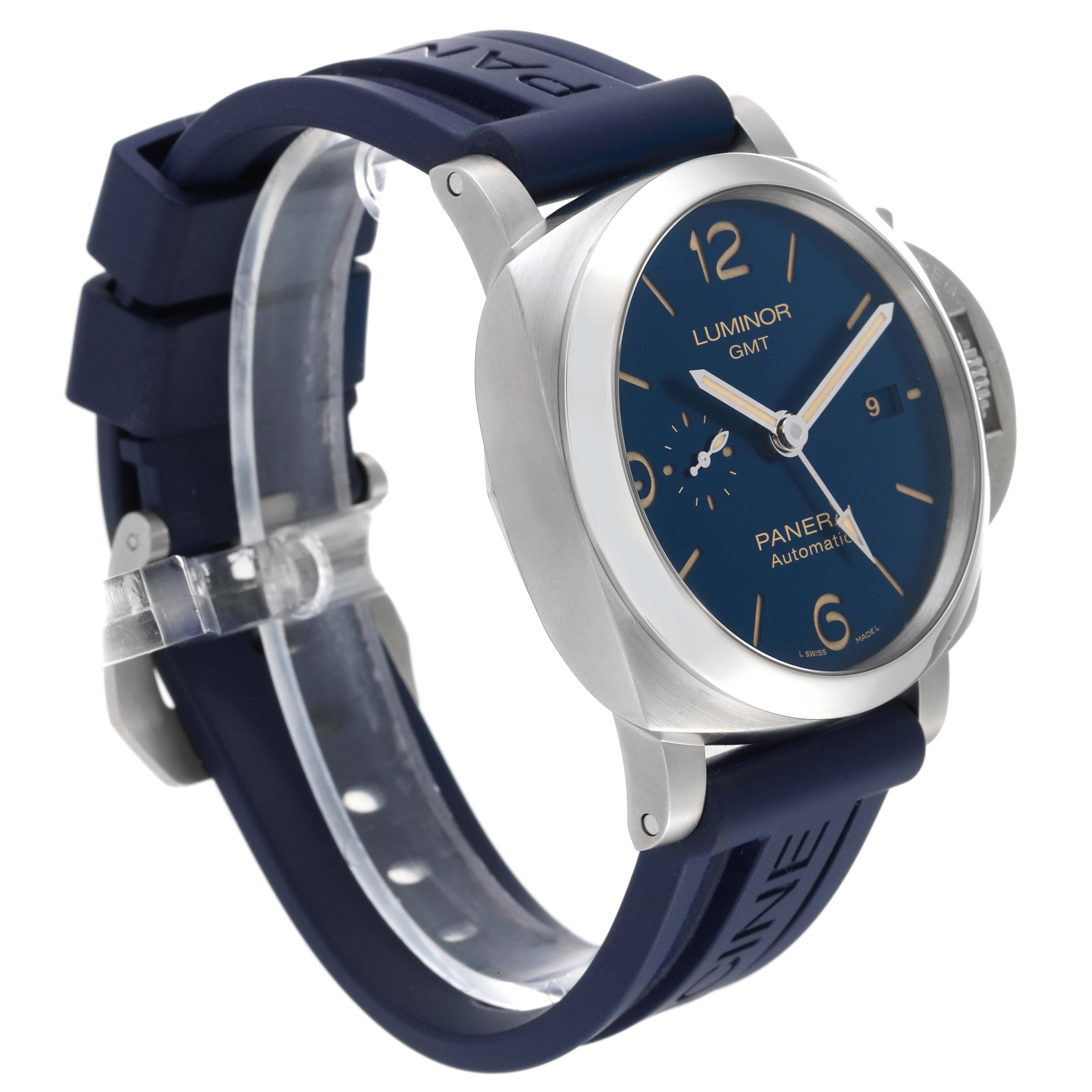 The image shows a side-angle view of a Panerai Luminor PAM01033 Men's Stainless Steel Blue Dial PAM01033 Men's Stainless Steel Blue Dial watch with a blue dial and rubber strap.