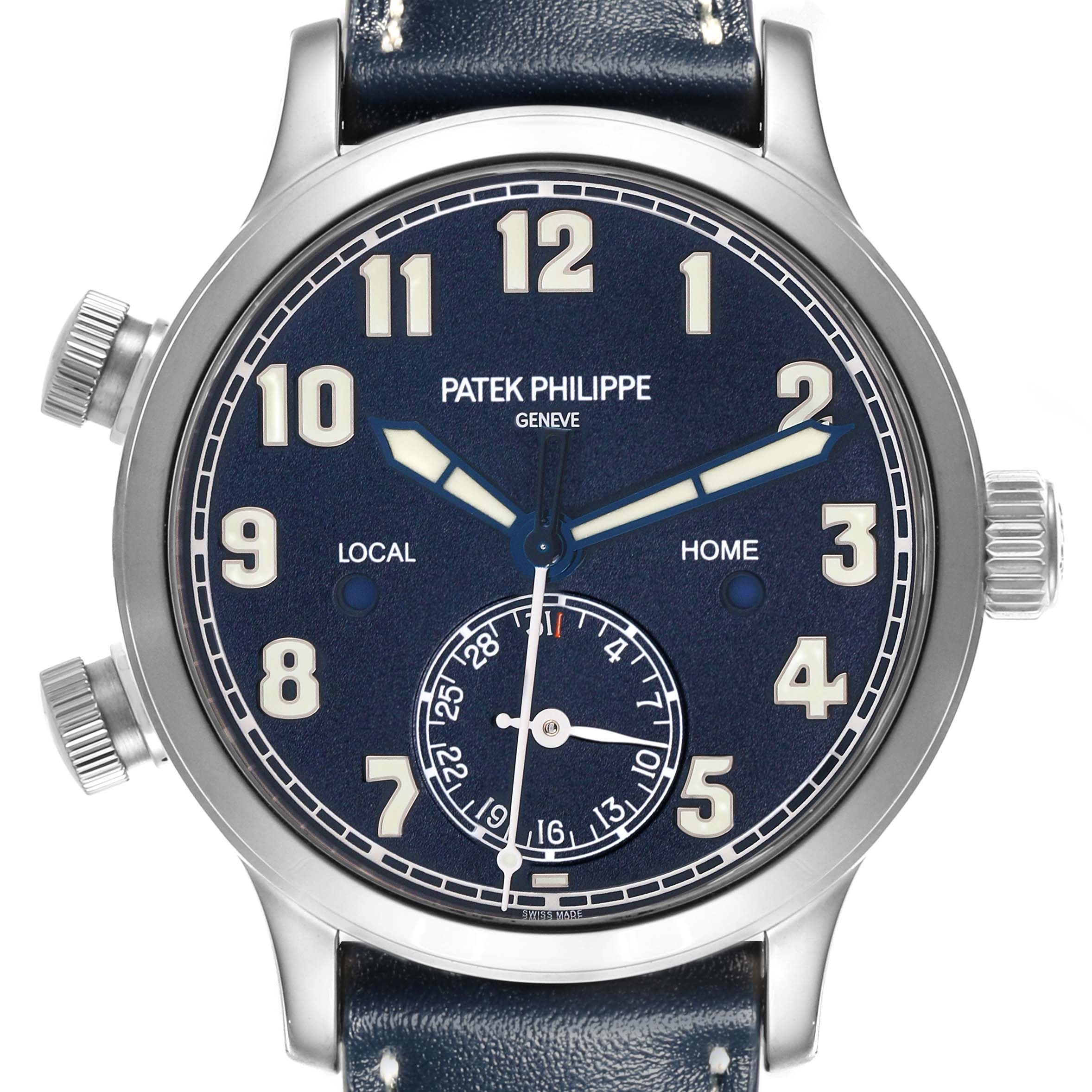 The Patek Philippe Calatrava 7234G-001 Men's White Gold Blue Dial 7234G-001 Men's White Gold Blue Dial watch is shown from the front, displaying the dial, hands, and crown.