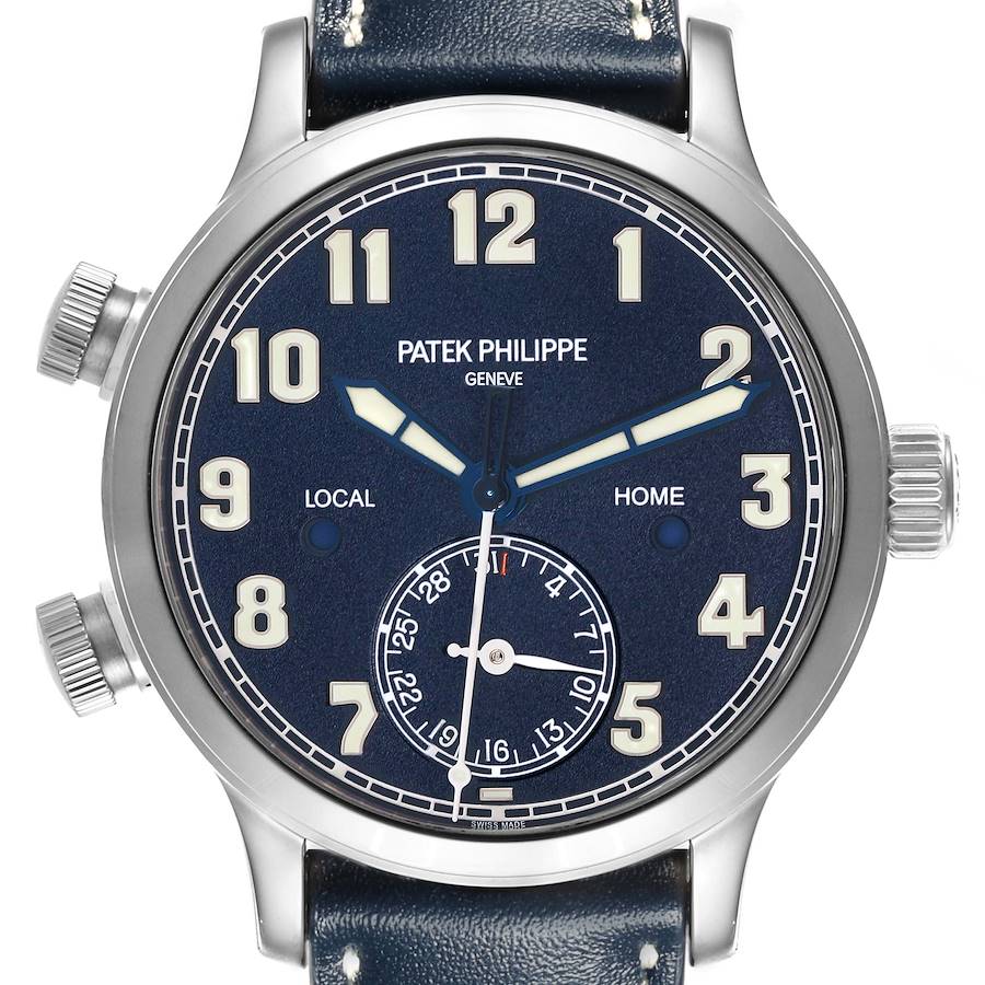 The Patek Philippe Calatrava watch is shown from the front, displaying the dial, hands, and crown.