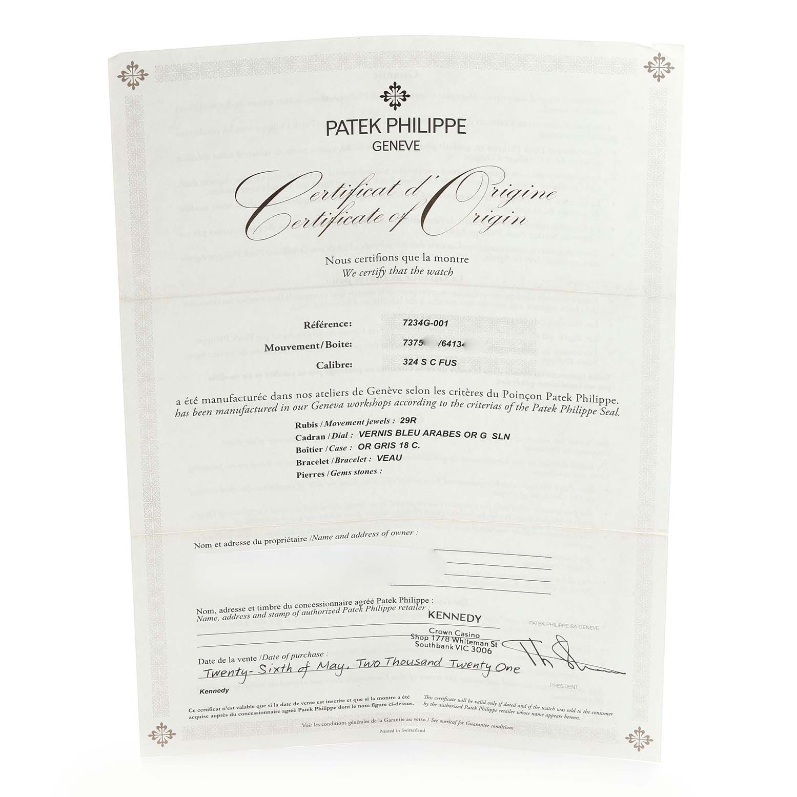 This image shows the Certificate of Origin for the Patek Philippe Calatrava 7234G-001 Men's White Gold Blue Dial 7234G-001 Men's White Gold Blue Dial watch.