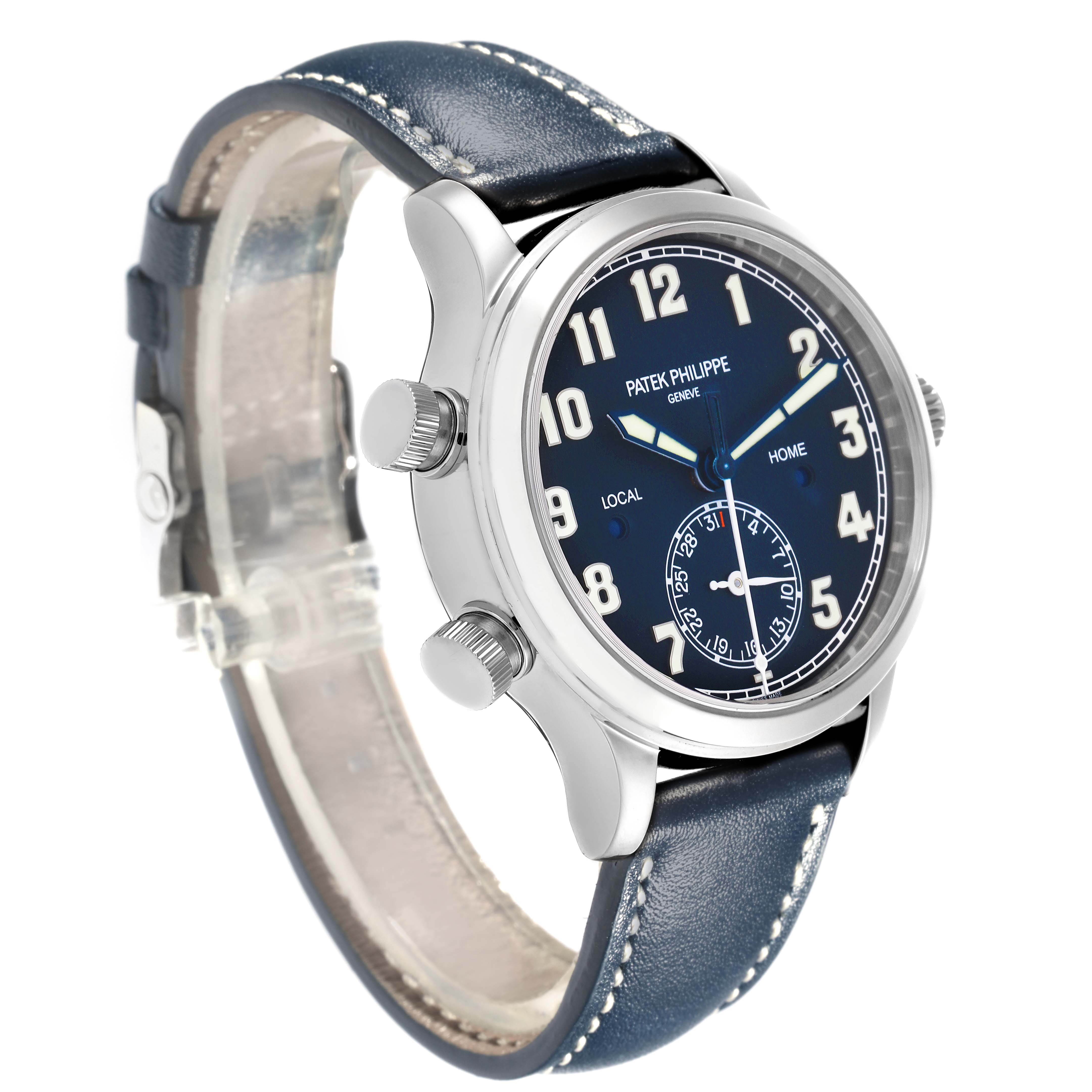 The image shows a Patek Philippe Calatrava 7234G-001 Men's White Gold Blue Dial 7234G-001 Men's White Gold Blue Dial watch at a three-quarter angle, displaying the face, crown, and lugs with a leather strap.