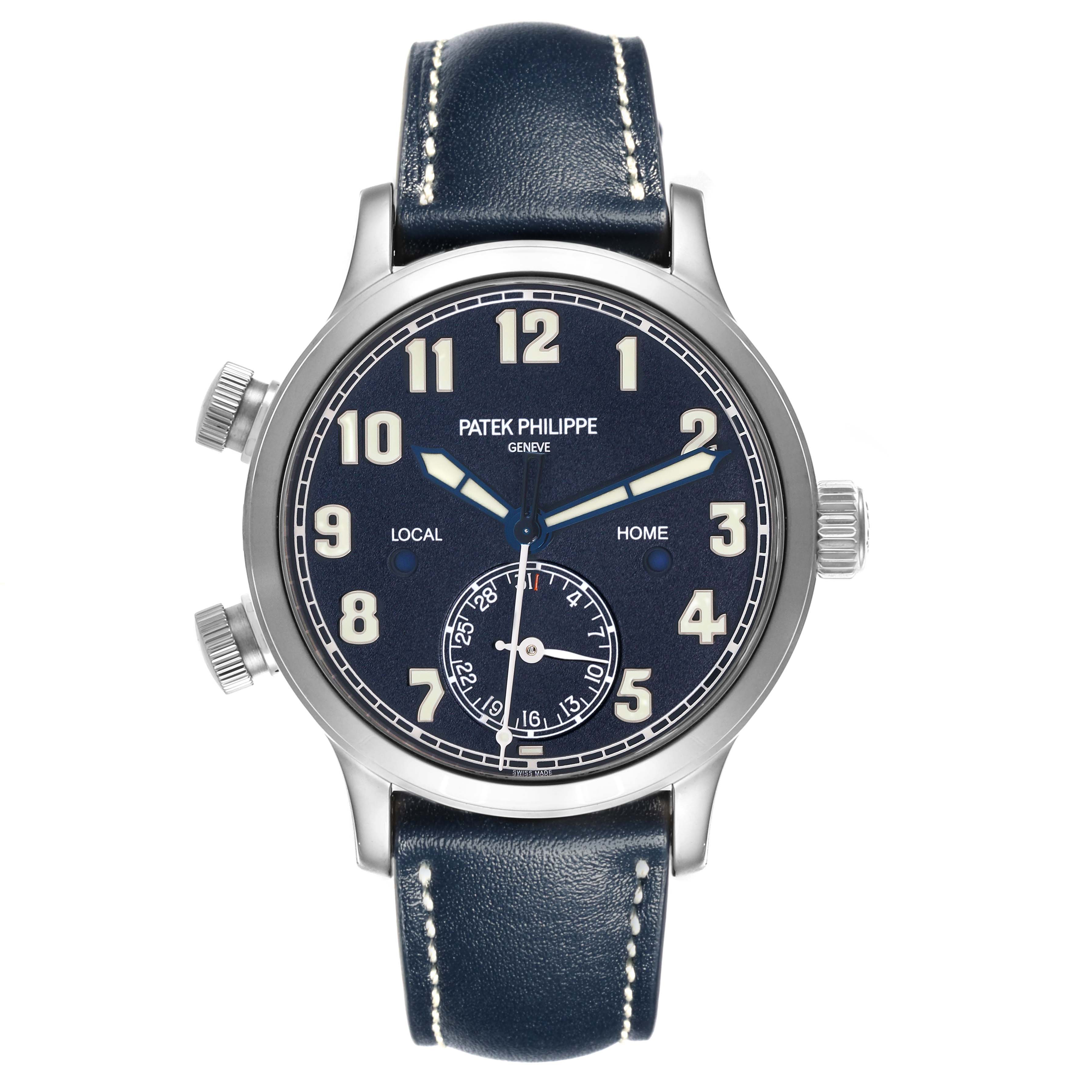 The Patek Philippe Calatrava 7234G-001 Men's White Gold Blue Dial 7234G-001 Men's White Gold Blue Dial watch is shown from a front angle, displaying the dial, case, and strap.