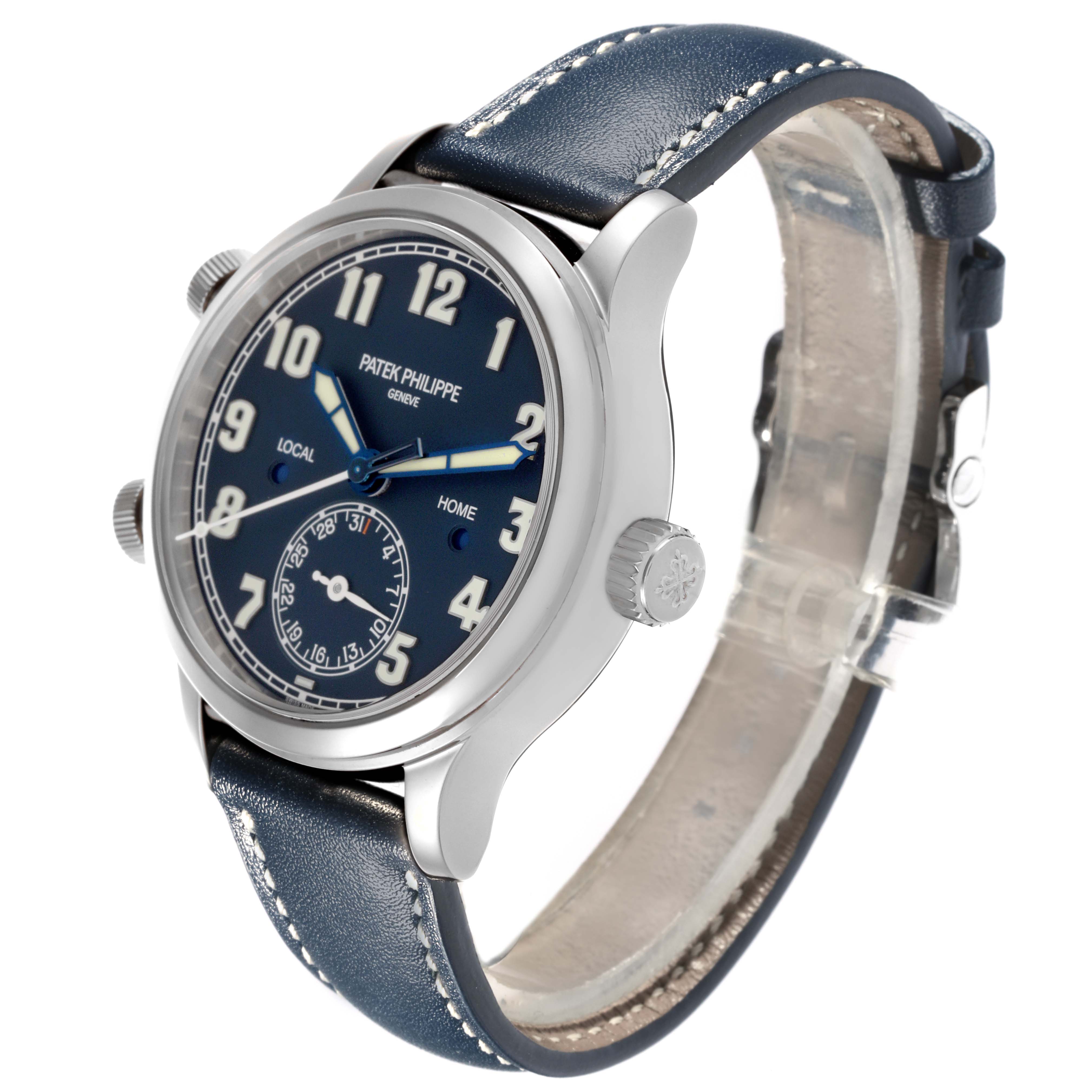 The Patek Philippe Calatrava 7234G-001 Men's White Gold Blue Dial 7234G-001 Men's White Gold Blue Dial watch is shown at a three-quarter angle, displaying its blue dial, silver case, and leather strap.