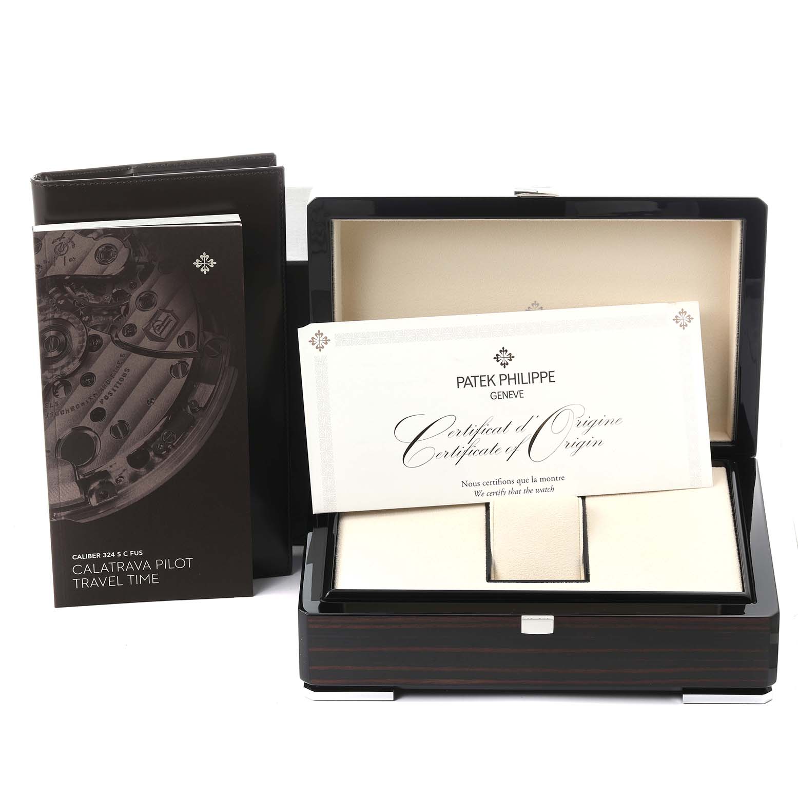 The image shows a Patek Philippe Calatrava 7234G-001 Men's White Gold Blue Dial 7234G-001 Men's White Gold Blue Dial watch box, certificate of origin, and a booklet.