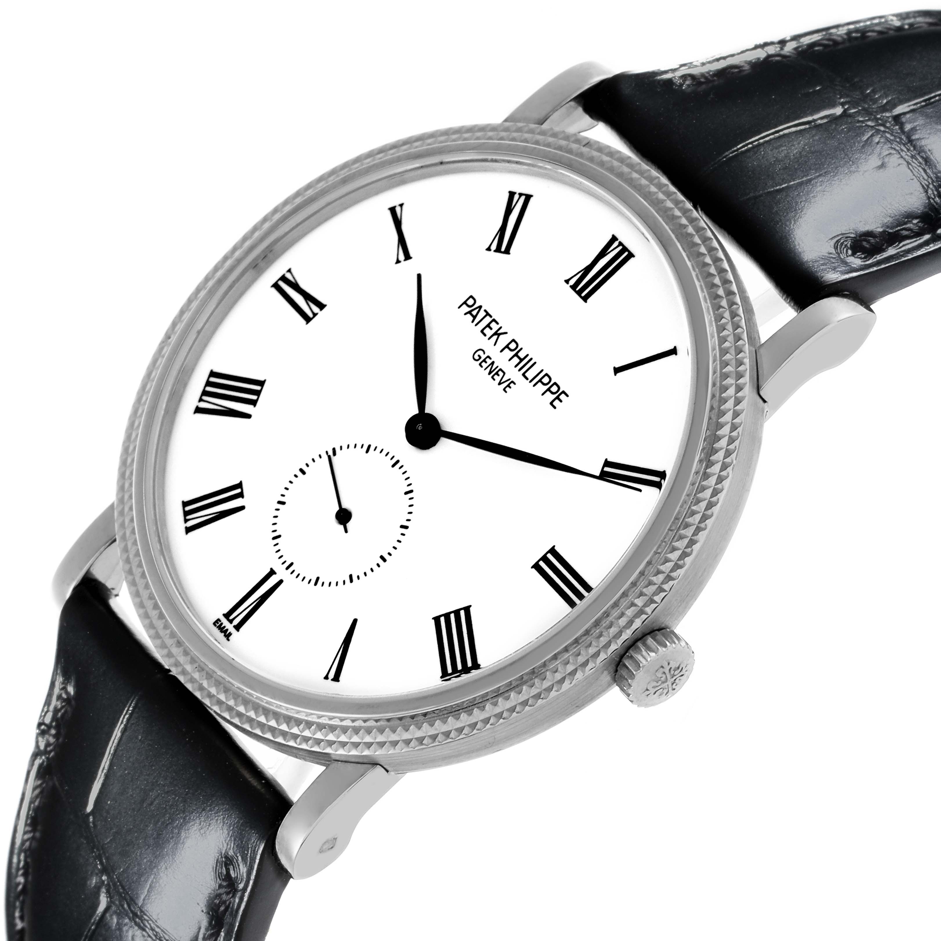 The image shows a Patek Philippe Calatrava 5116G-001 Men's White Gold White Dial 5116G-001 Men's White Gold White Dial watch from a tilted side angle, highlighting the face, Roman numerals, textured bezel, and black strap.