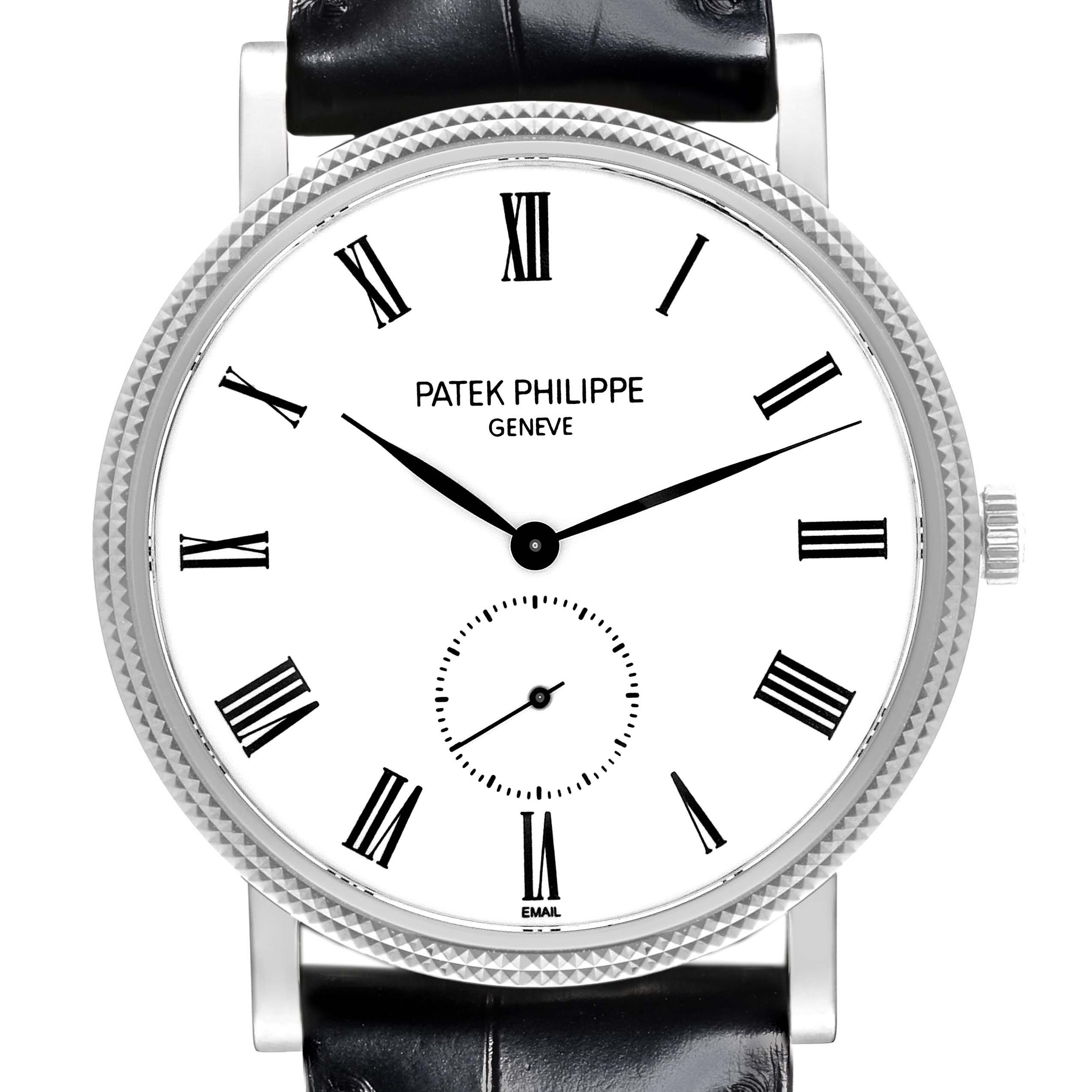 The Patek Philippe Calatrava 5116G-001 Men's White Gold White Dial 5116G-001 Men's White Gold White Dial watch is shown from a front angle, displaying the dial, Roman numerals, and leather strap.