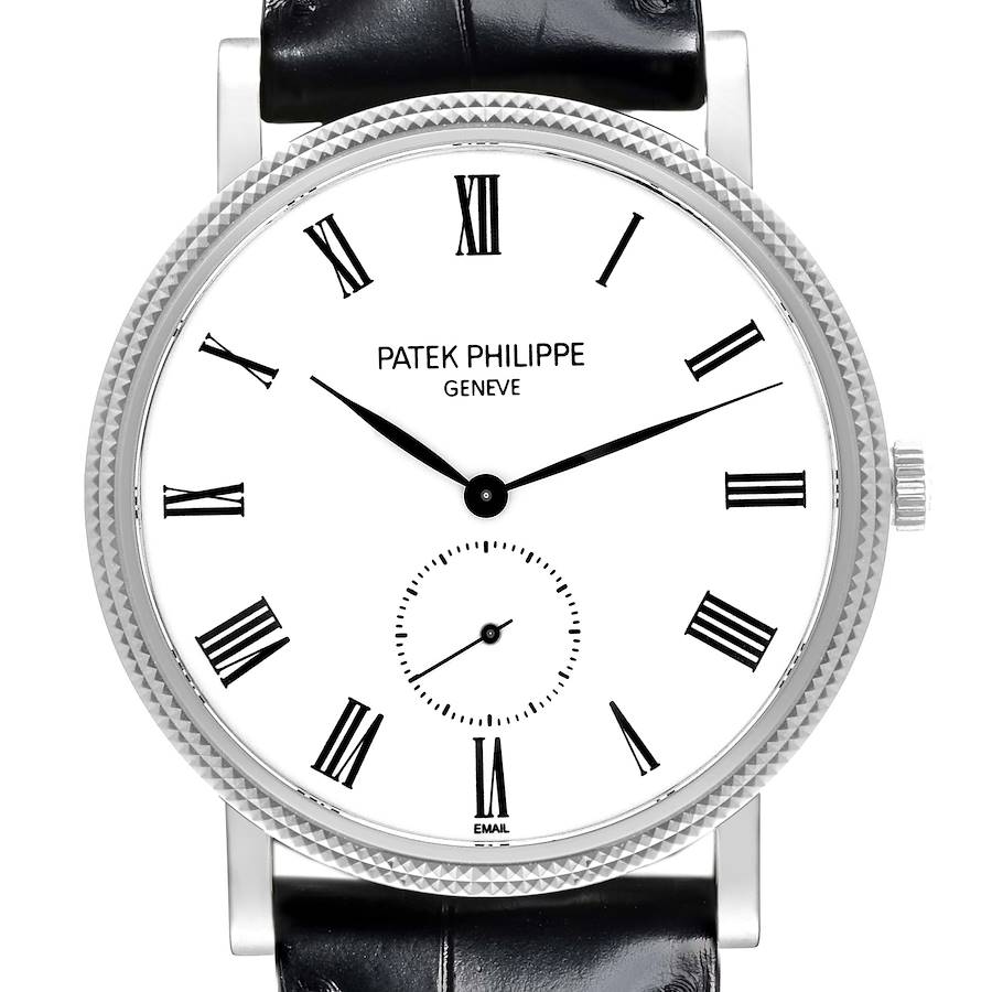 The Patek Philippe Calatrava watch is shown from a front angle, displaying the dial, Roman numerals, and leather strap.