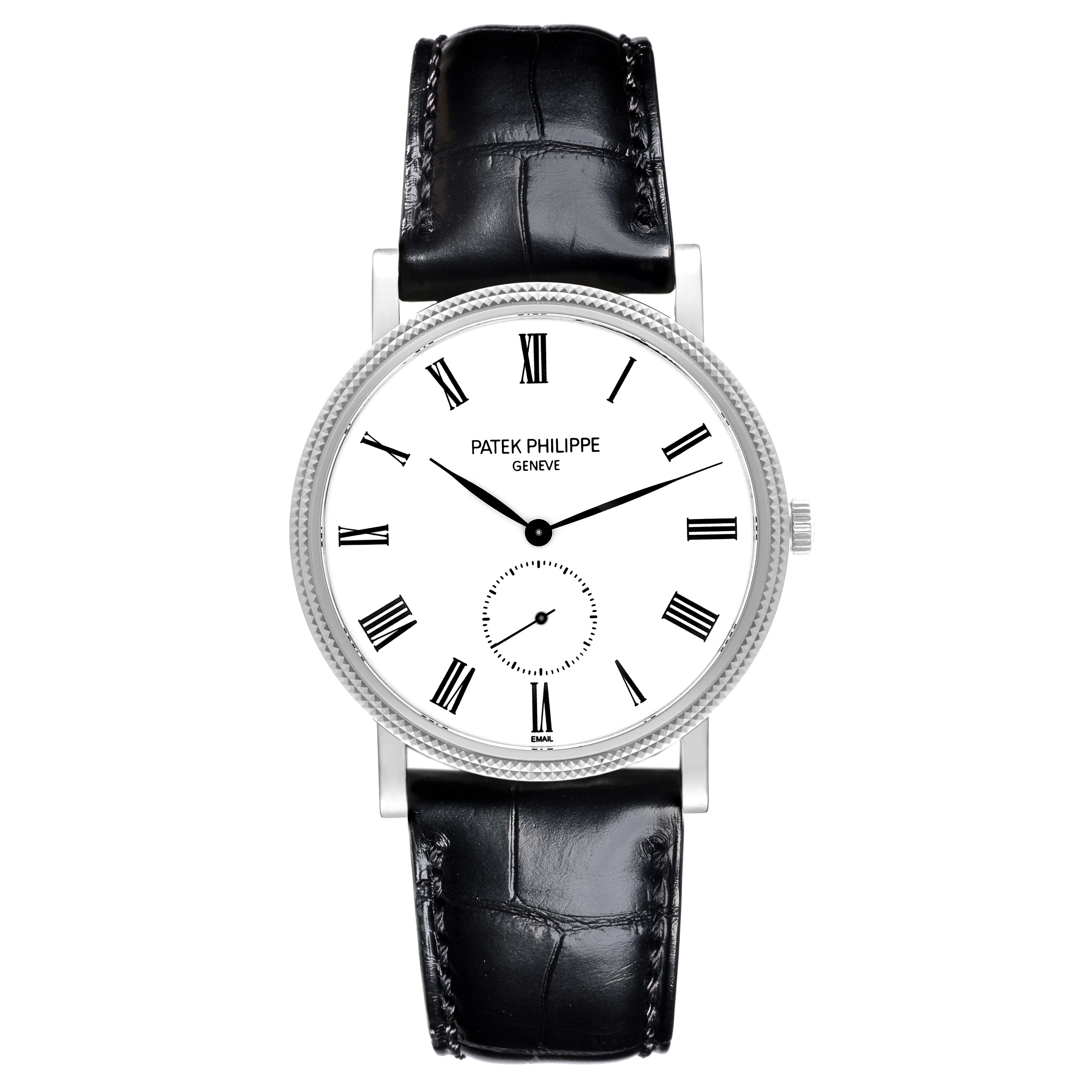 The Patek Philippe Calatrava 5116G-001 Men's White Gold White Dial 5116G-001 Men's White Gold White Dial watch is shown from the front, displaying the face, hands, Roman numerals, and black leather strap.