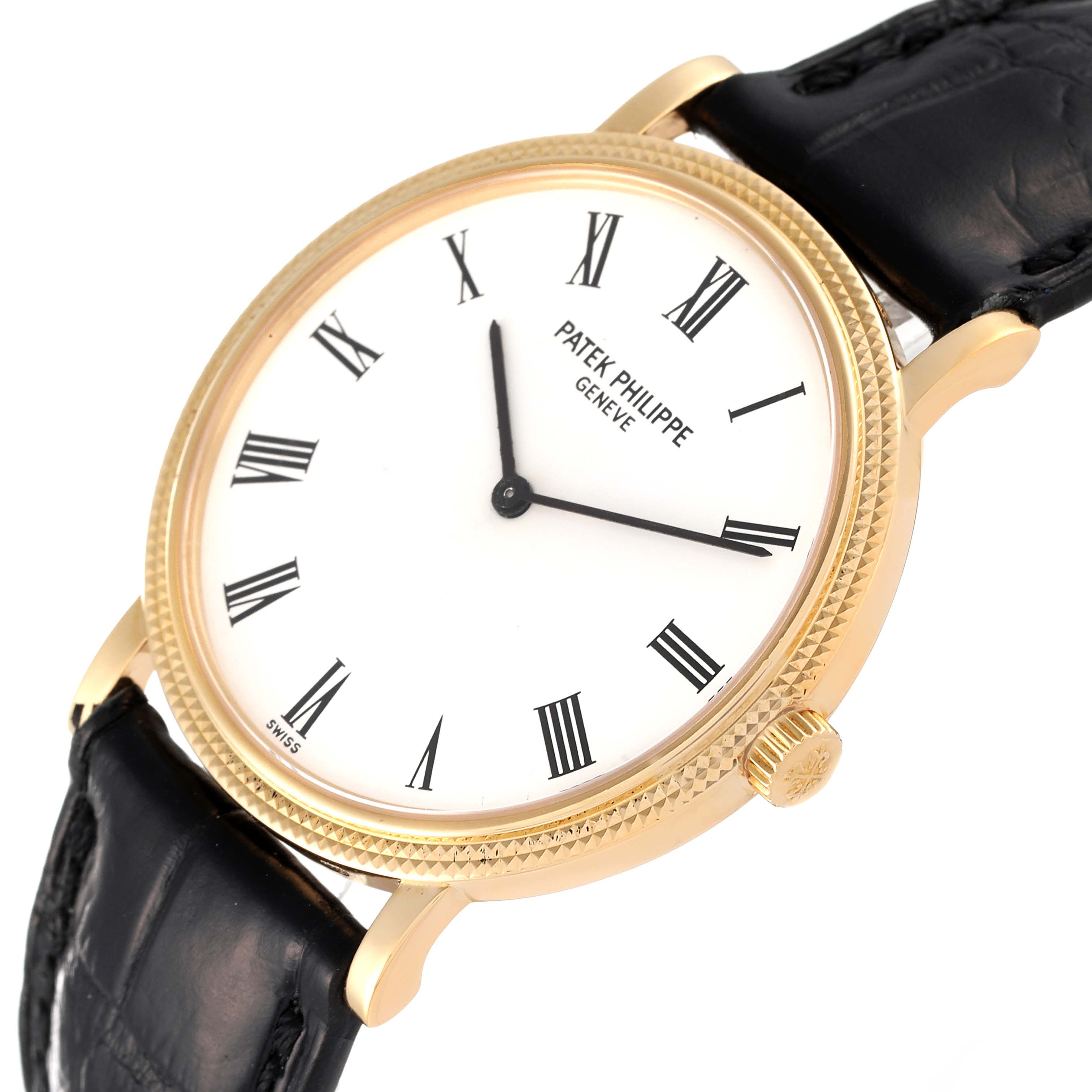 The image shows a close-up of the face and strap attachment of a Patek Philippe Calatrava 5120J Men's Yellow Gold White Dial 5120J Men's Yellow Gold White Dial watch.