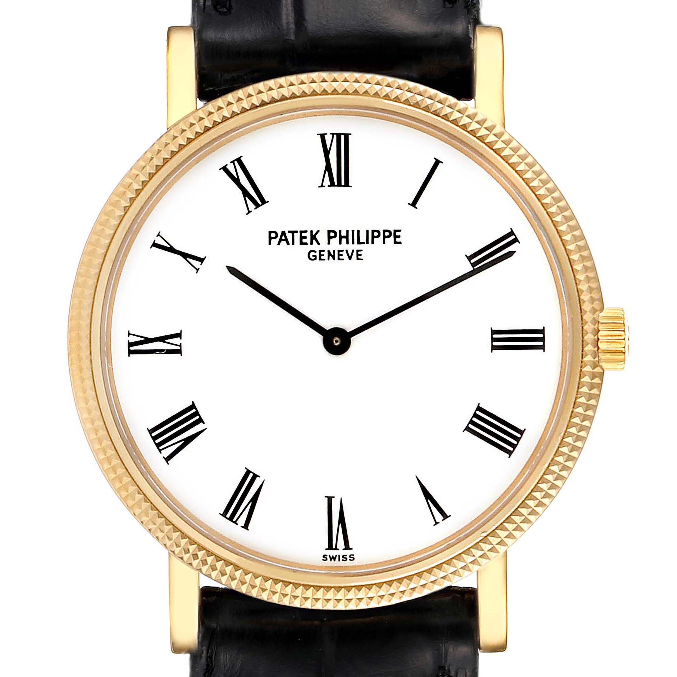 The image shows a front view of a Patek Philippe Calatrava 5120J Men's Yellow Gold White Dial 5120J Men's Yellow Gold White Dial watch, highlighting its face, Roman numeral markers, bezel, and crown.