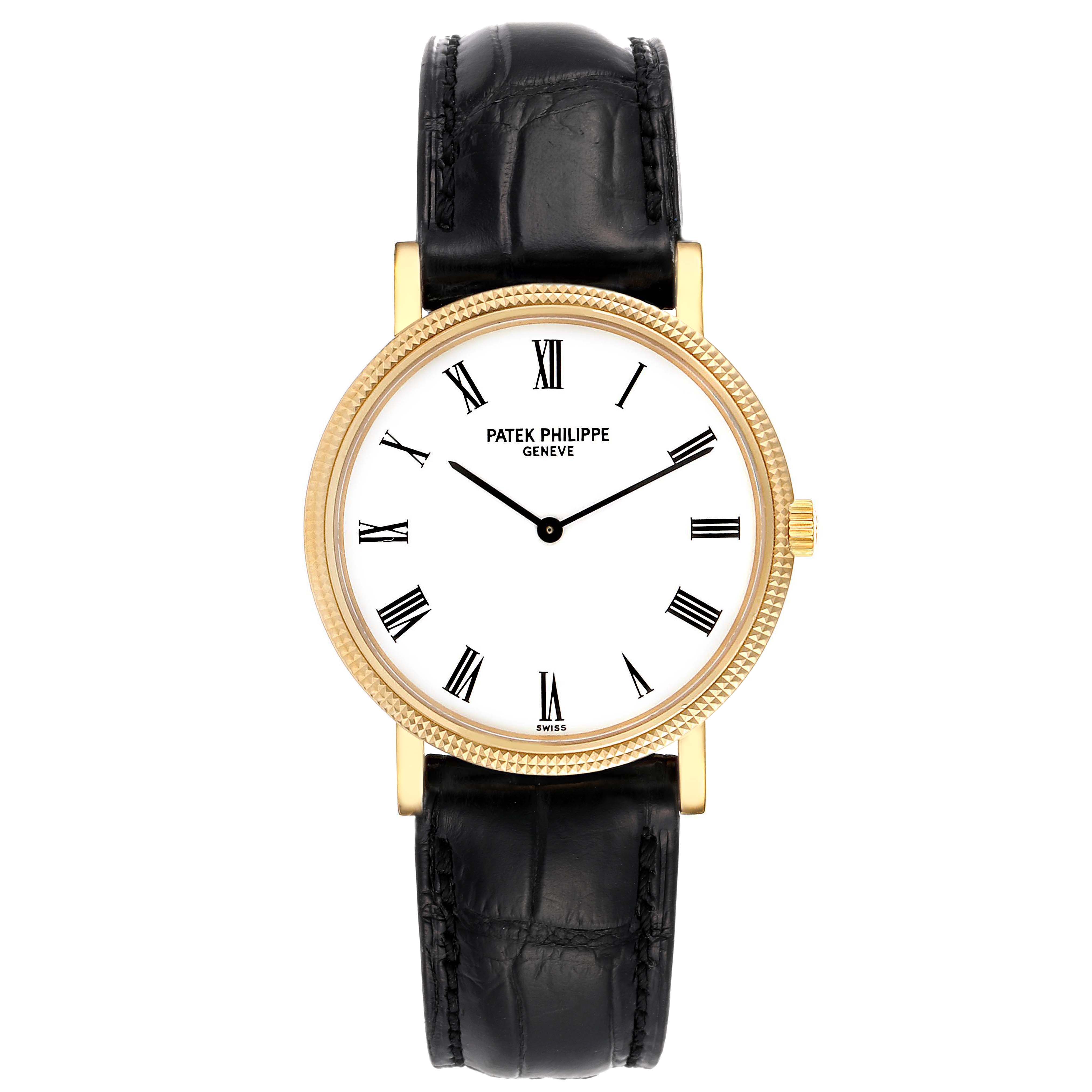 This Patek Philippe Calatrava 5120J Men's Yellow Gold White Dial 5120J Men's Yellow Gold White Dial watch is shown from a front angle, highlighting its white dial, gold case, black leather strap, and Roman numerals.