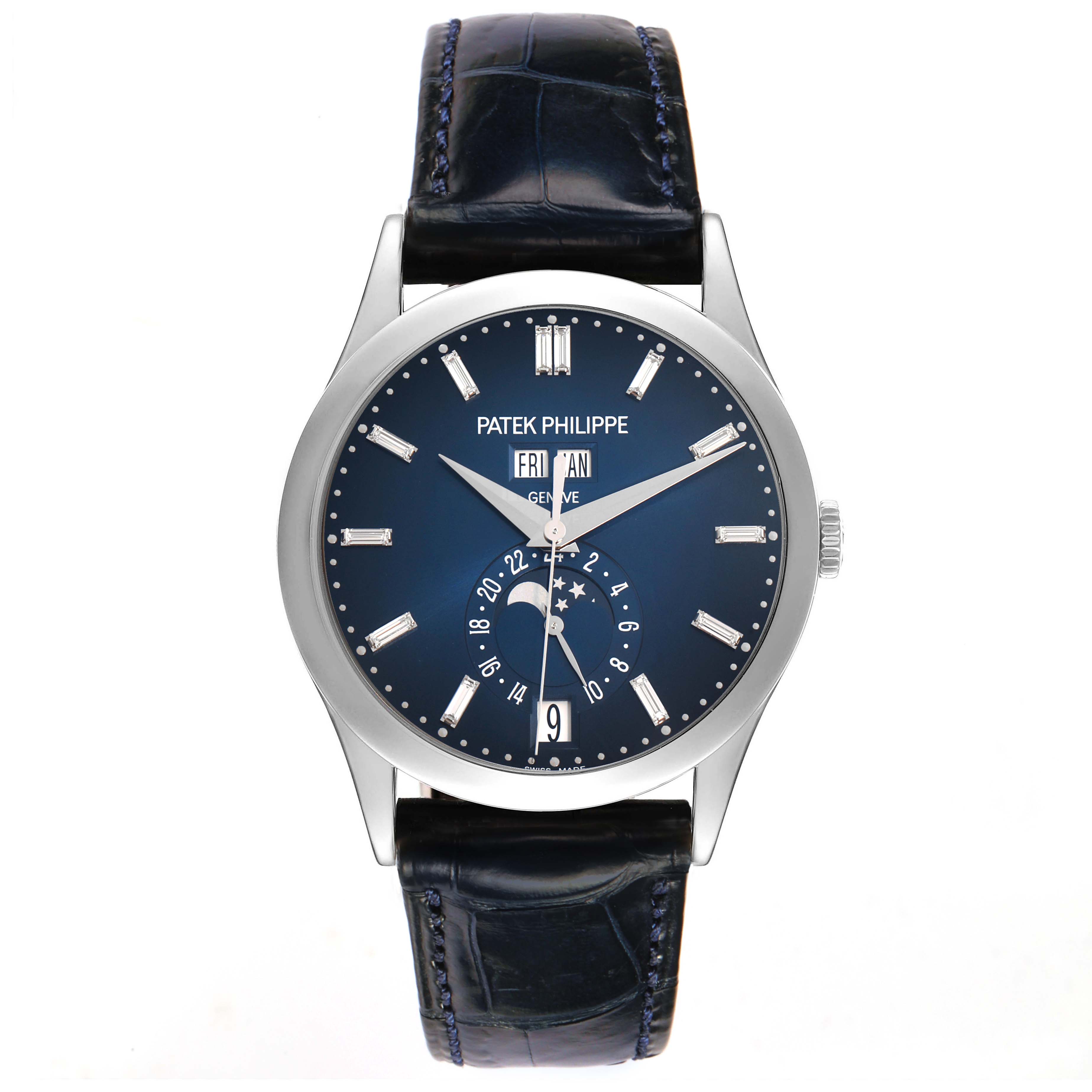The Patek Philippe Complications 5396G-017 Men's White Gold Blue Dial watch is shown from the front, highlighting the dial, case, crown, and strap.