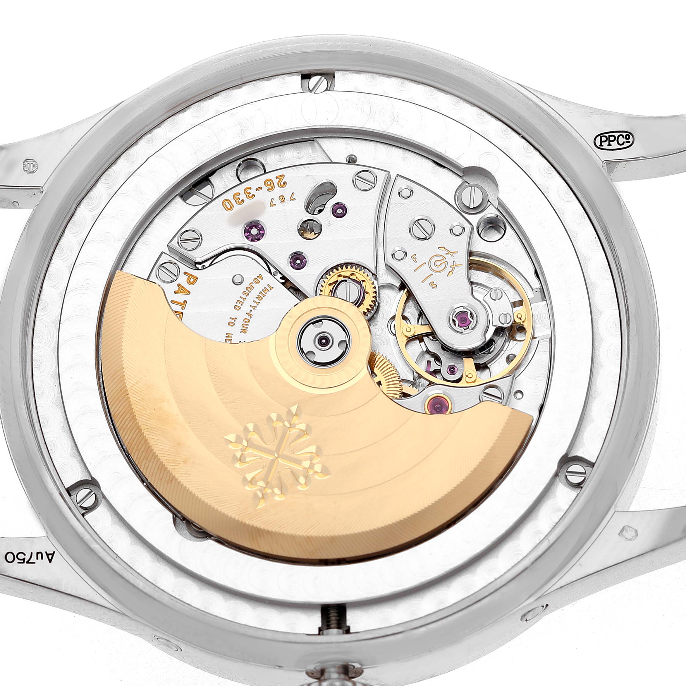 The image shows the back view of a Patek Philippe Complications 5396G-017 Men's White Gold Blue Dial model, highlighting the intricate mechanical movement and rotor.