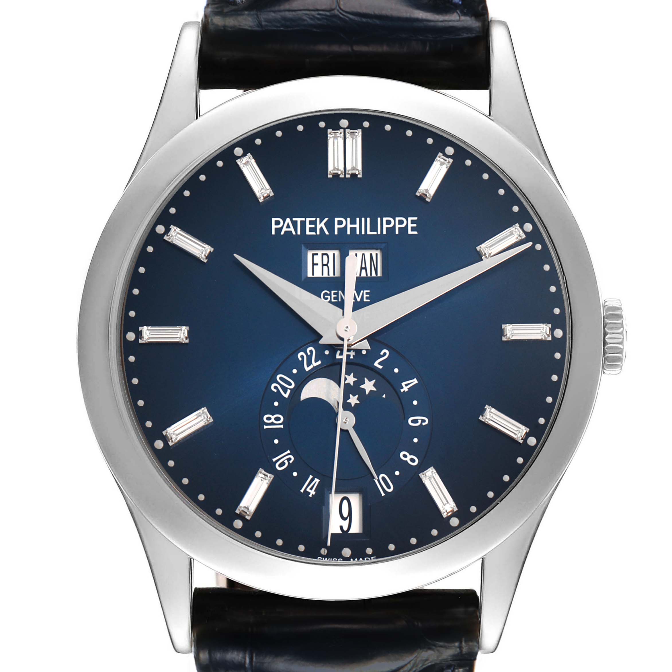 The Patek Philippe Complications 5396G-017 Men's White Gold Blue Dial watch is shown from a front angle, displaying its dial, hands, day, date, and moon phase.