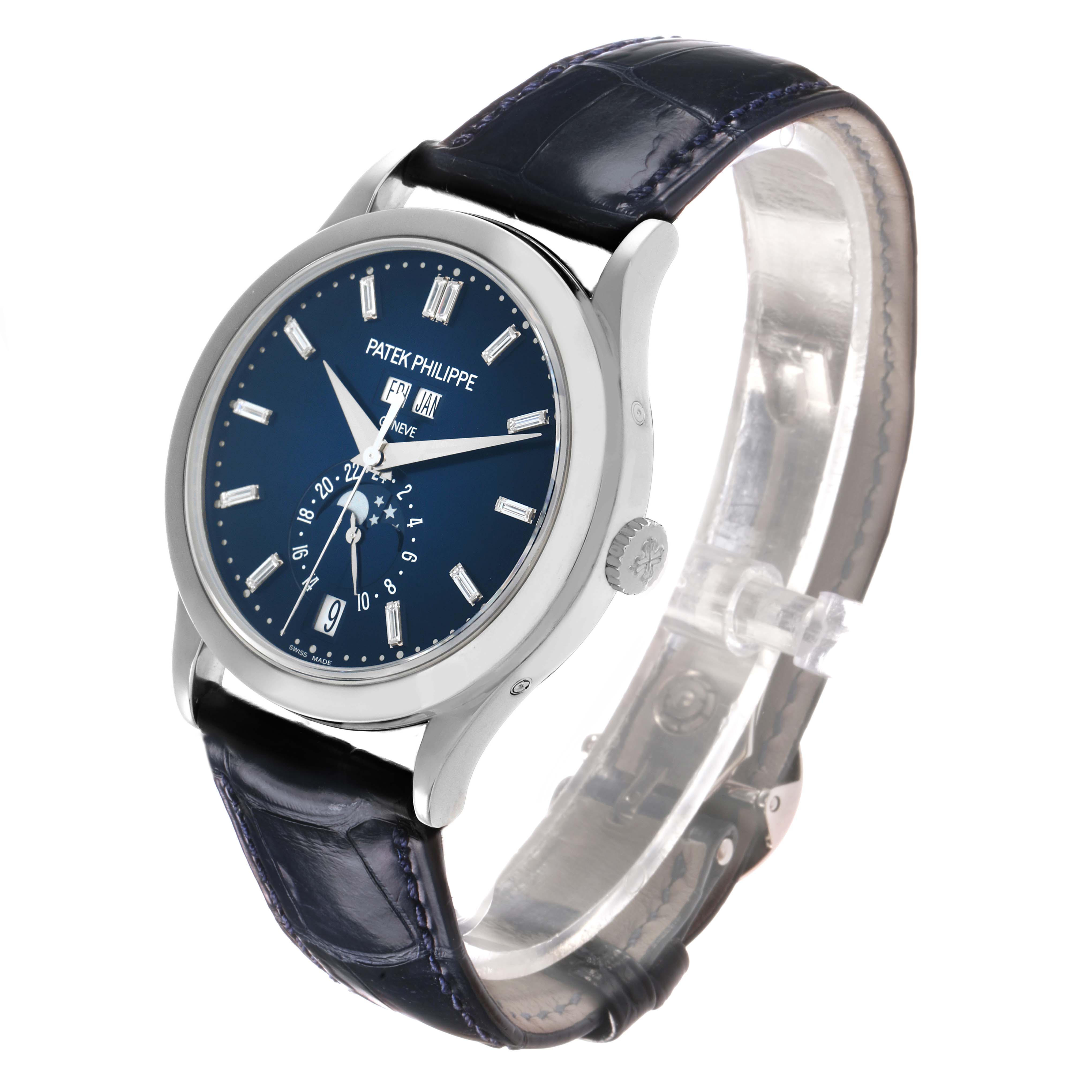 The Patek Philippe Complications 5396G-017 Men's White Gold Blue Dial watch is shown at a three-quarter angle, displaying the blue dial, crown, and leather strap.