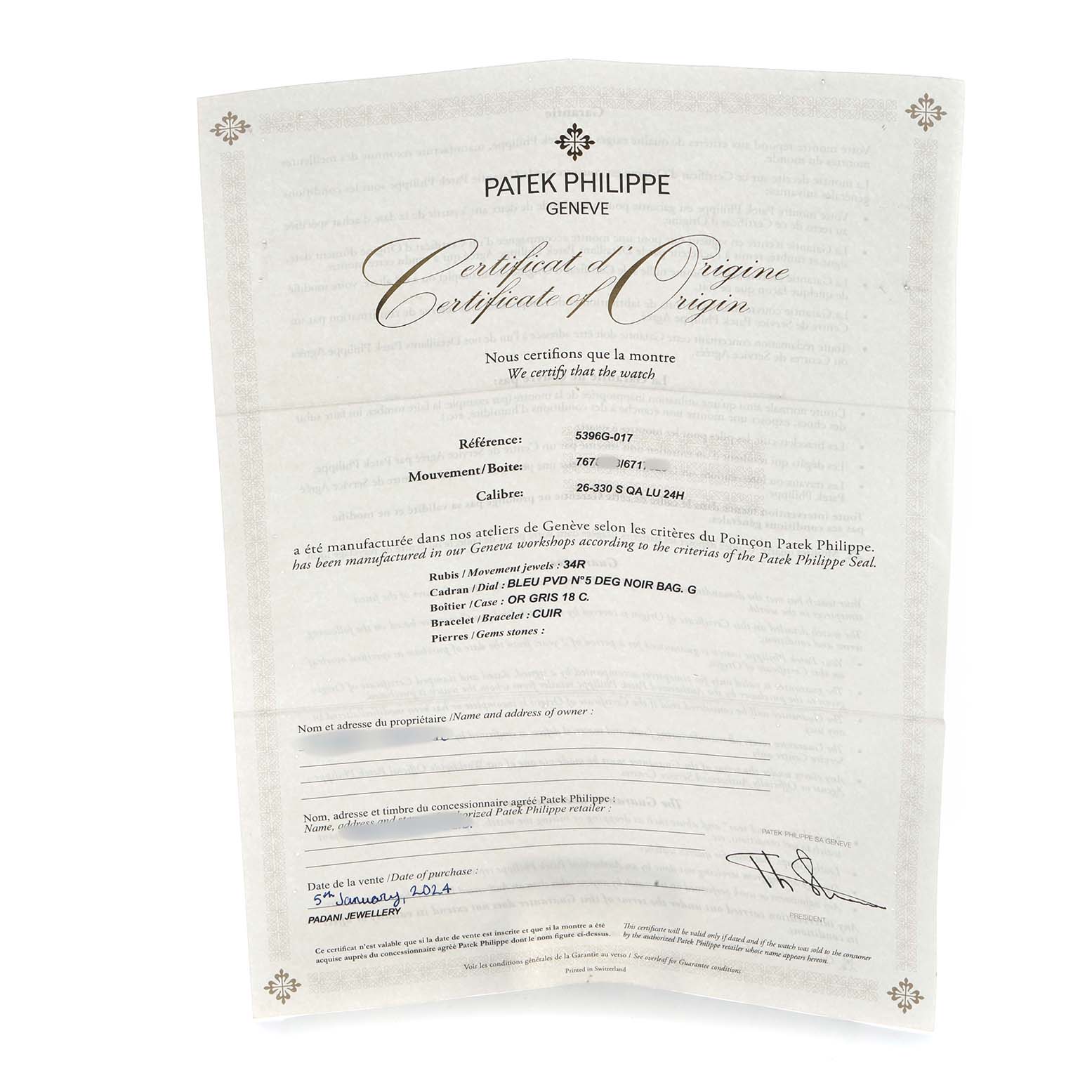 The image shows a Patek Philippe Complications 5396G-017 Men's White Gold Blue Dial model Certificate of Origin document, providing details about the watch.