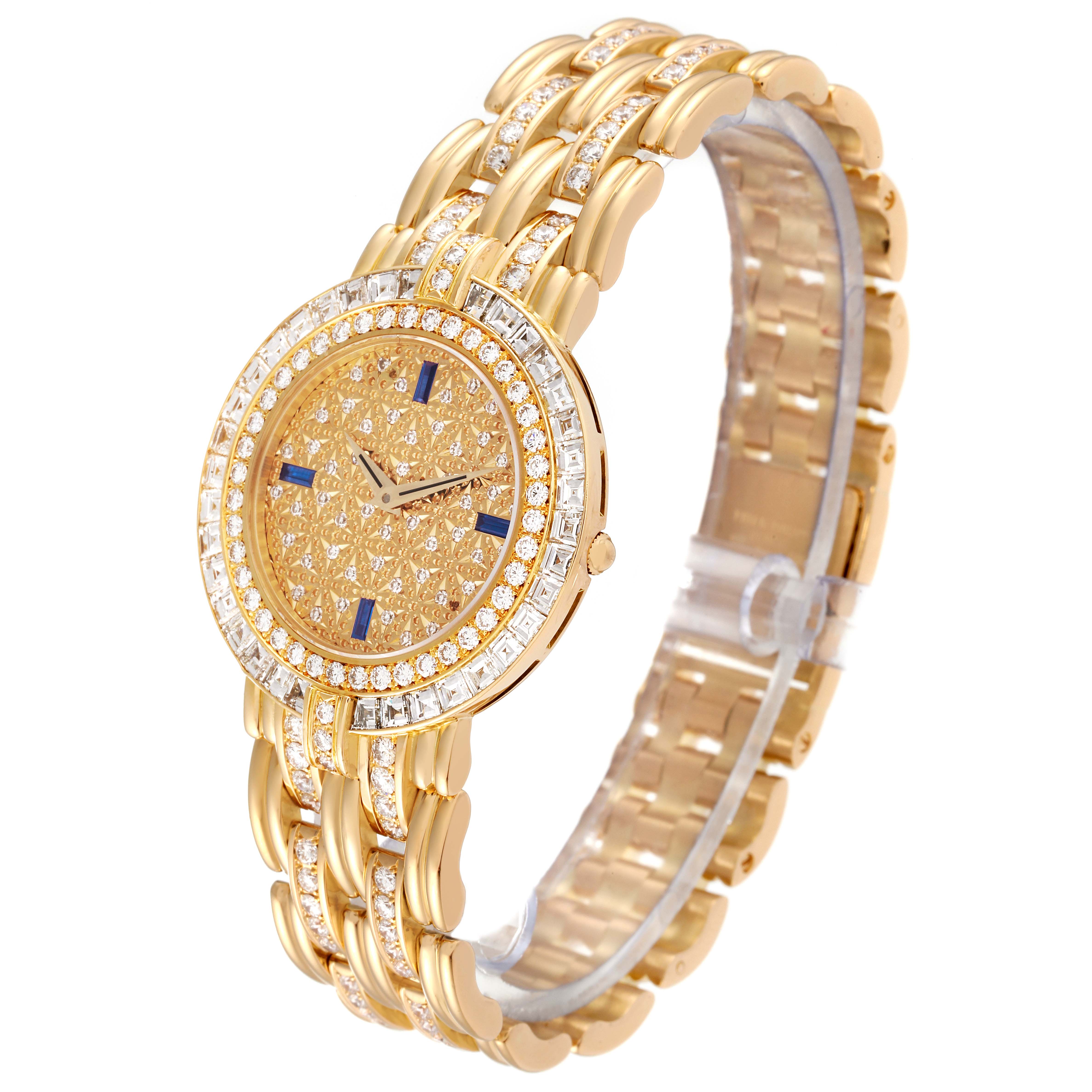 The image shows a gold Patek Philippe Calatrava 3982/1J Women's Yellow Gold Champagne Dial 3982/1J Women's Yellow Gold Champagne Dial watch at a slight angle, highlighting its diamond-encrusted bezel and bracelet.
