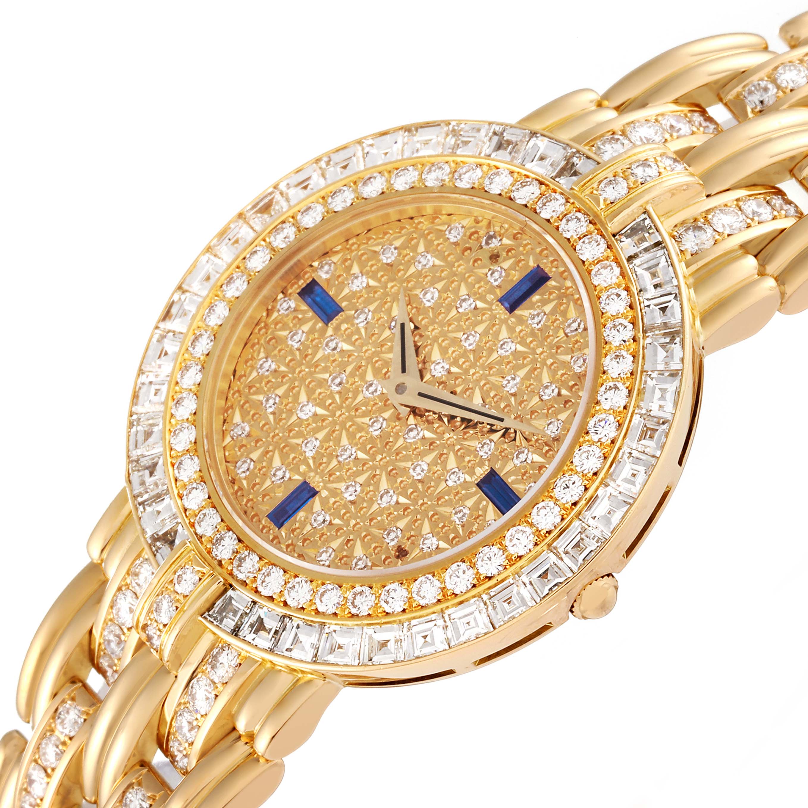The image shows a close-up angle of the dial and part of the bracelet of a Patek Philippe Calatrava 3982/1J Women's Yellow Gold Champagne Dial 3982/1J Women's Yellow Gold Champagne Dial model watch encrusted with diamonds.