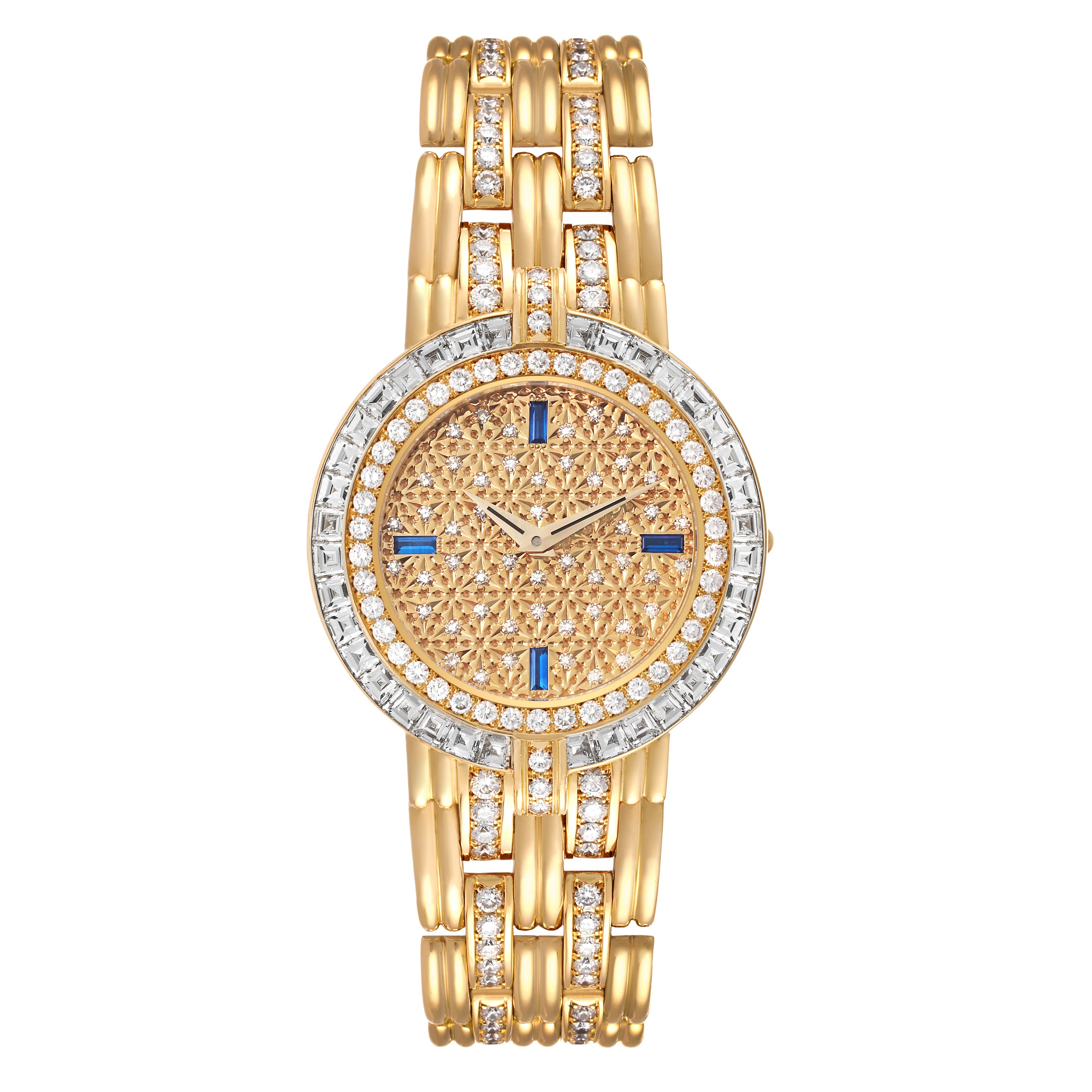 The Patek Philippe Calatrava 3982/1J Women's Yellow Gold Champagne Dial 3982/1J Women's Yellow Gold Champagne Dial watch is shown from a top-down angle, displaying its round dial, gold band, and diamond accents.