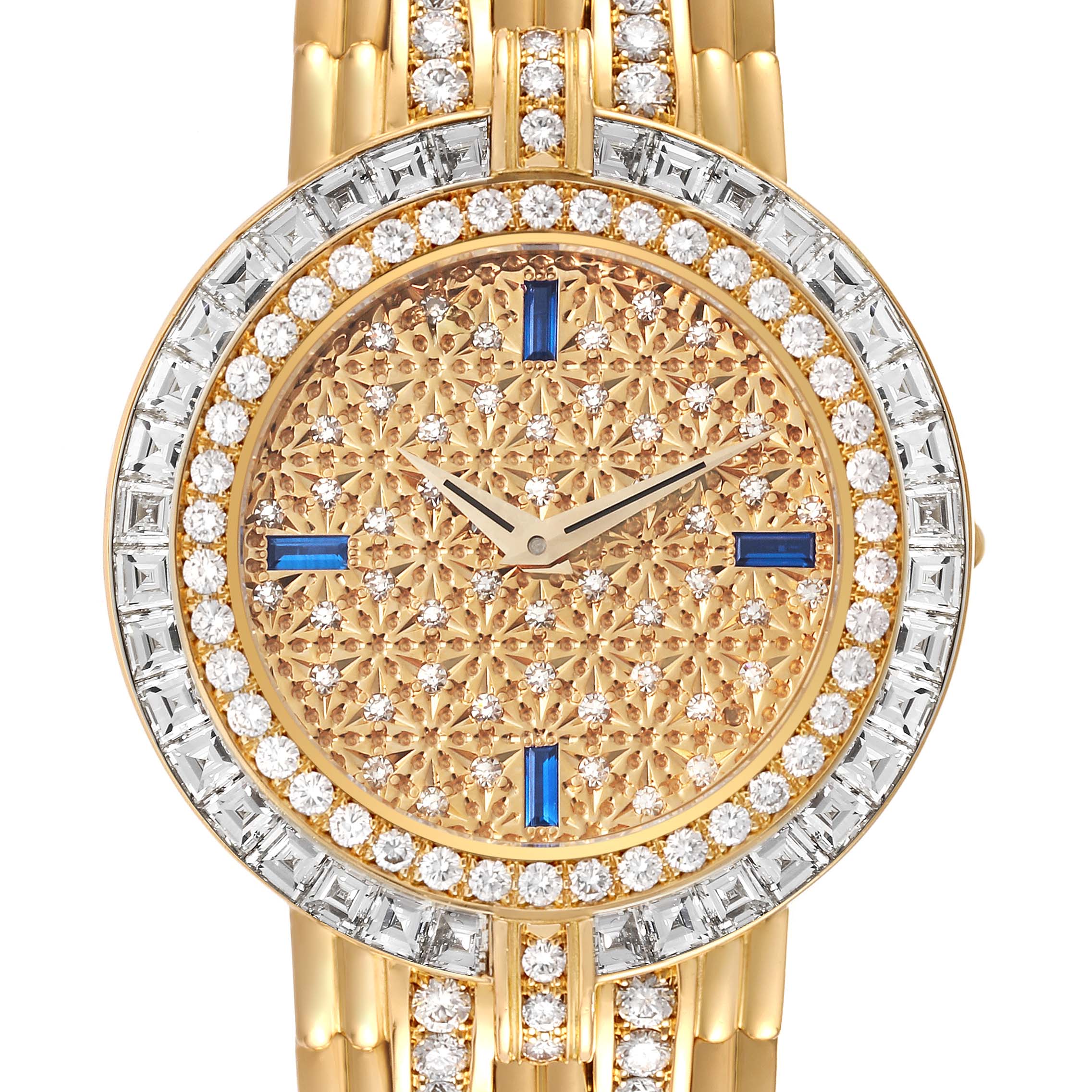 The image shows a top-down view of a Patek Philippe Calatrava 3982/1J Women's Yellow Gold Champagne Dial 3982/1J Women's Yellow Gold Champagne Dial watch, displaying the intricate dial, hands, and part of the bejeweled bracelet.