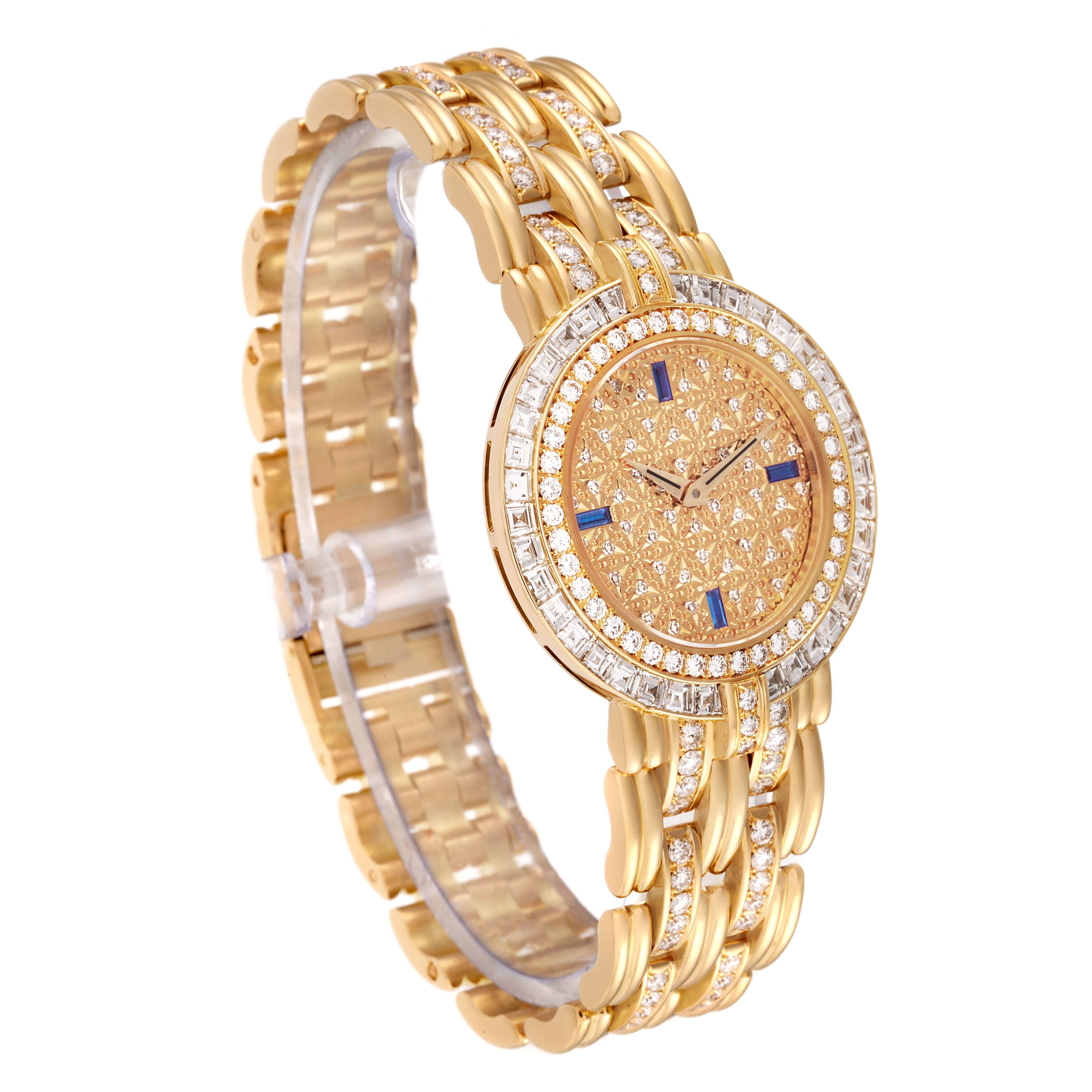 The image shows a side angle of a Patek Philippe Calatrava 3982/1J Women's Yellow Gold Champagne Dial 3982/1J Women's Yellow Gold Champagne Dial watch, highlighting its gold bracelet and diamond-encrusted bezel and dial.