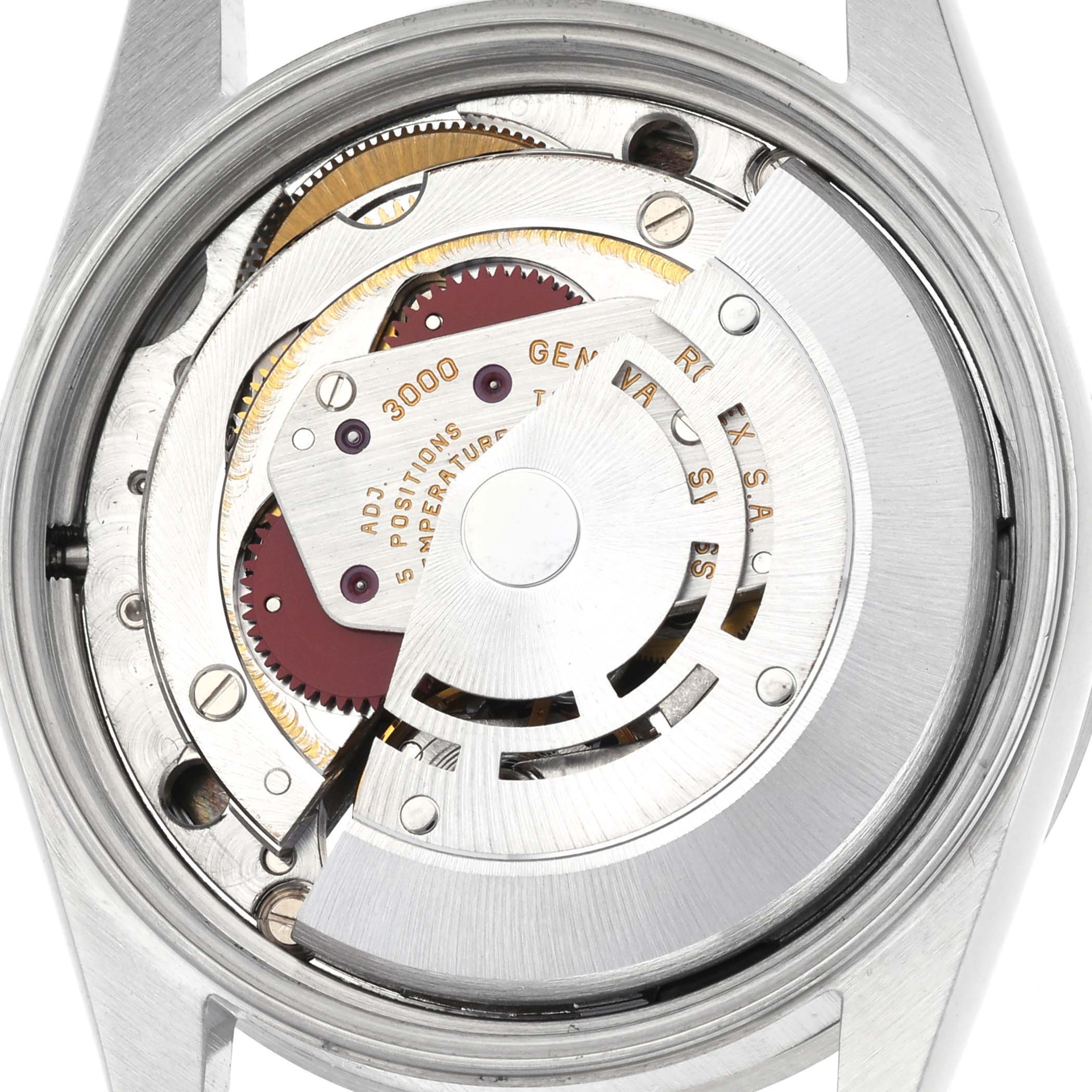 The image shows the movement mechanism of a Rolex Air-King 14010 Men's Stainless Steel Black Dial 14010 Men's Stainless Steel Black Dial watch from the back view.