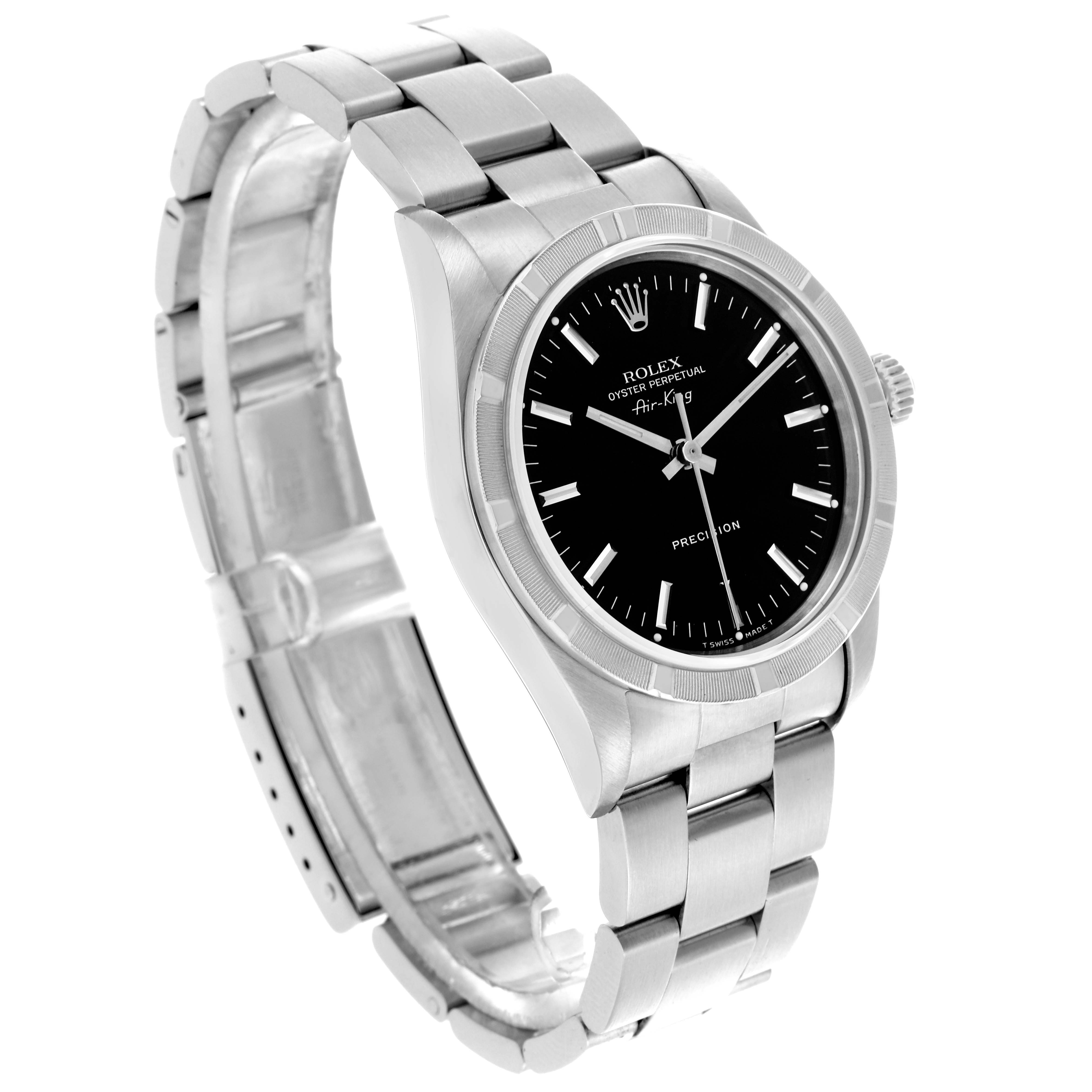 The Rolex Air-King 14010 Men's Stainless Steel Black Dial 14010 Men's Stainless Steel Black Dial watch is angled to show the face, crown, and part of the bracelet.