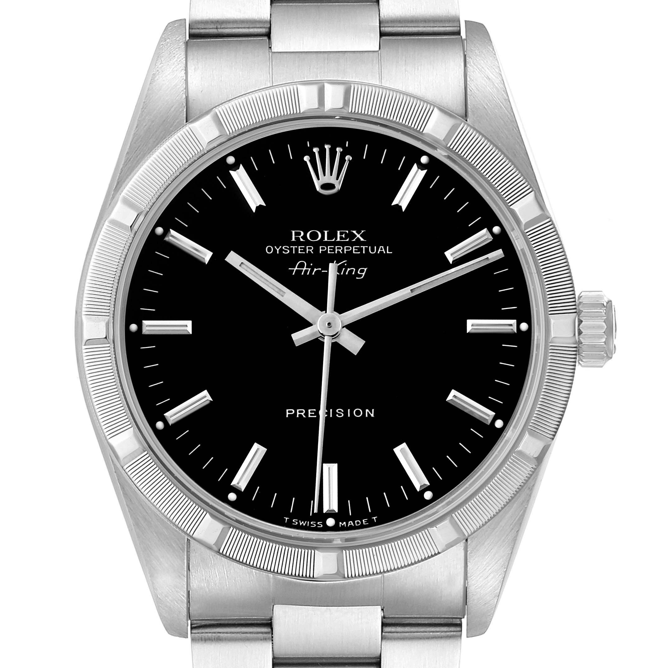 The Rolex Air-King 14010 Men's Stainless Steel Black Dial 14010 Men's Stainless Steel Black Dial watch is shown from a front angle, displaying the dial, bezel, crown, and bracelet.