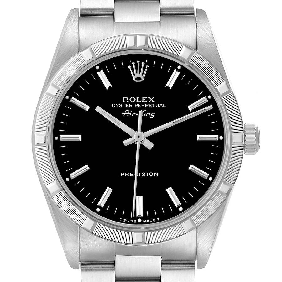 The Rolex Air-King watch is shown from a front angle, displaying the dial, bezel, crown, and bracelet.