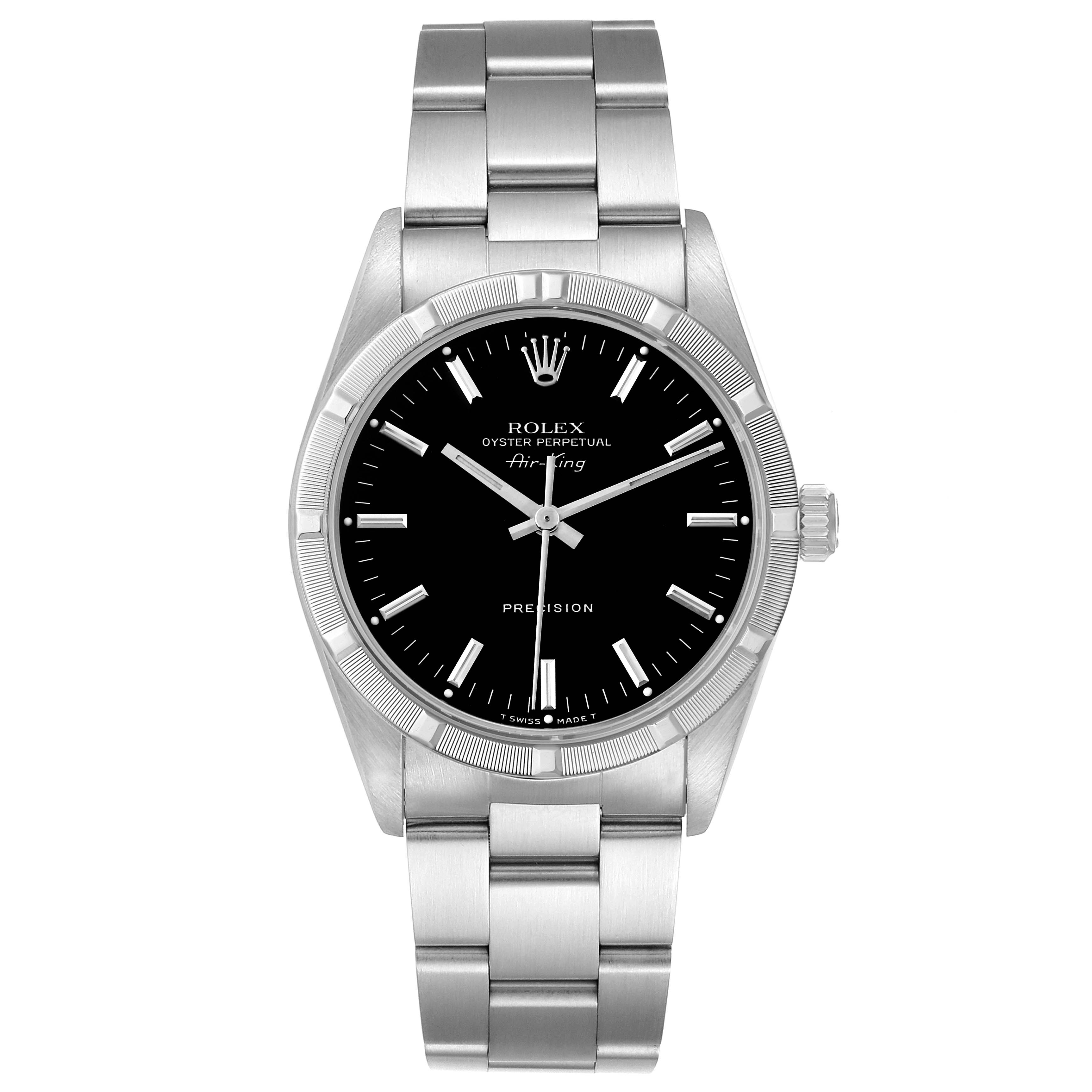 The Rolex Air-King 14010 Men's Stainless Steel Black Dial 14010 Men's Stainless Steel Black Dial watch is shown from a front angle, displaying the full face and bracelet.