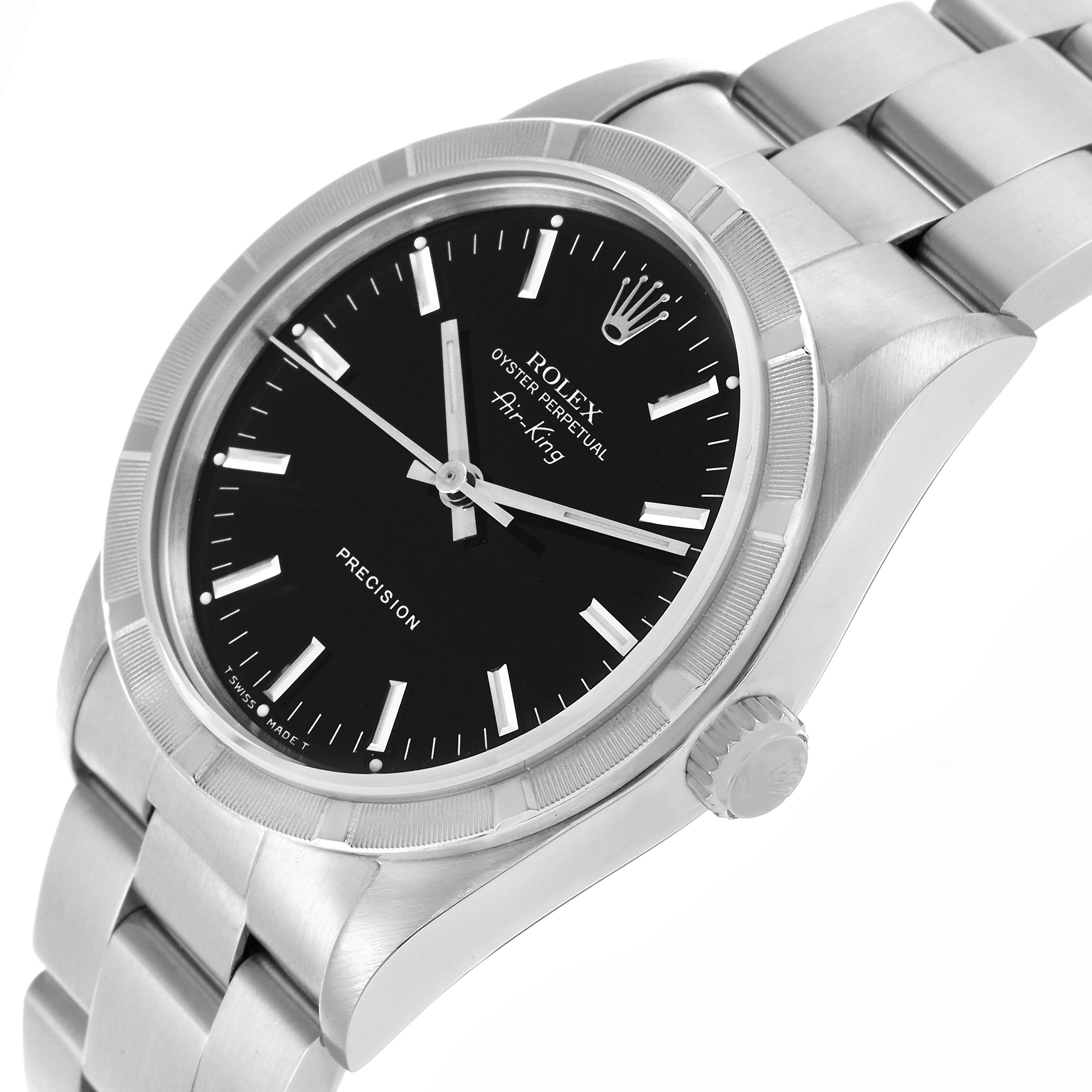 The Rolex Air-King 14010 Men's Stainless Steel Black Dial 14010 Men's Stainless Steel Black Dial watch is shown at an angle displaying the face, bezel, crown, and part of the bracelet.
