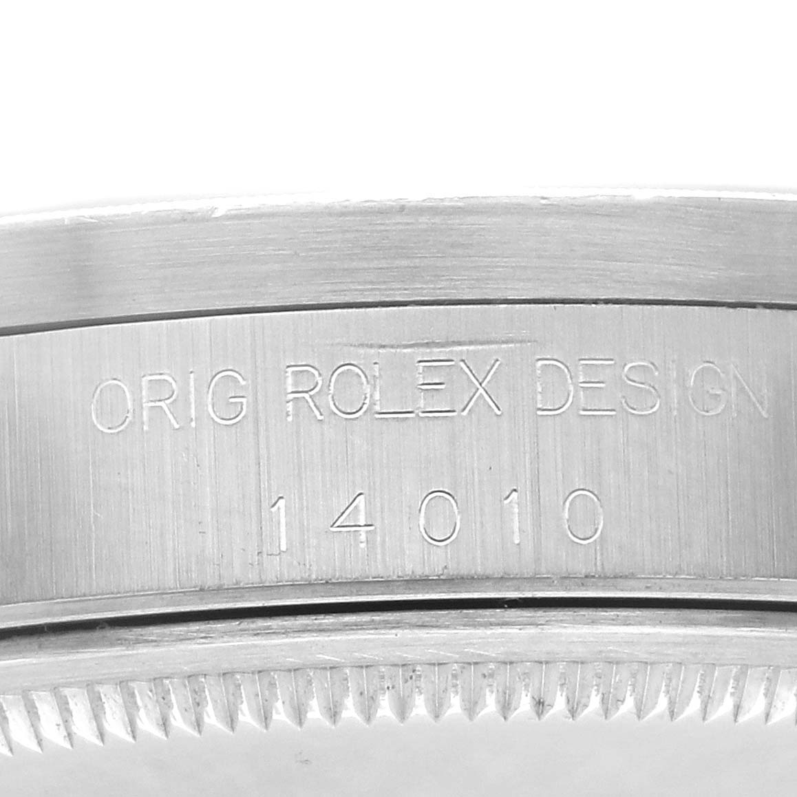 The image shows a close-up of the Rolex Air-King 14010 Men's Stainless Steel Black Dial 14010 Men's Stainless Steel Black Dial model's case side, featuring "Orig Rolex Design" and model number 14010.