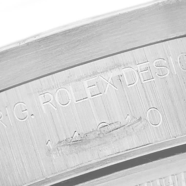 The image shows the engraving on the side of the case of the Rolex Air-King 14010 Men's Stainless Steel Silver Dial 14010 Men's Stainless Steel Silver Dial.