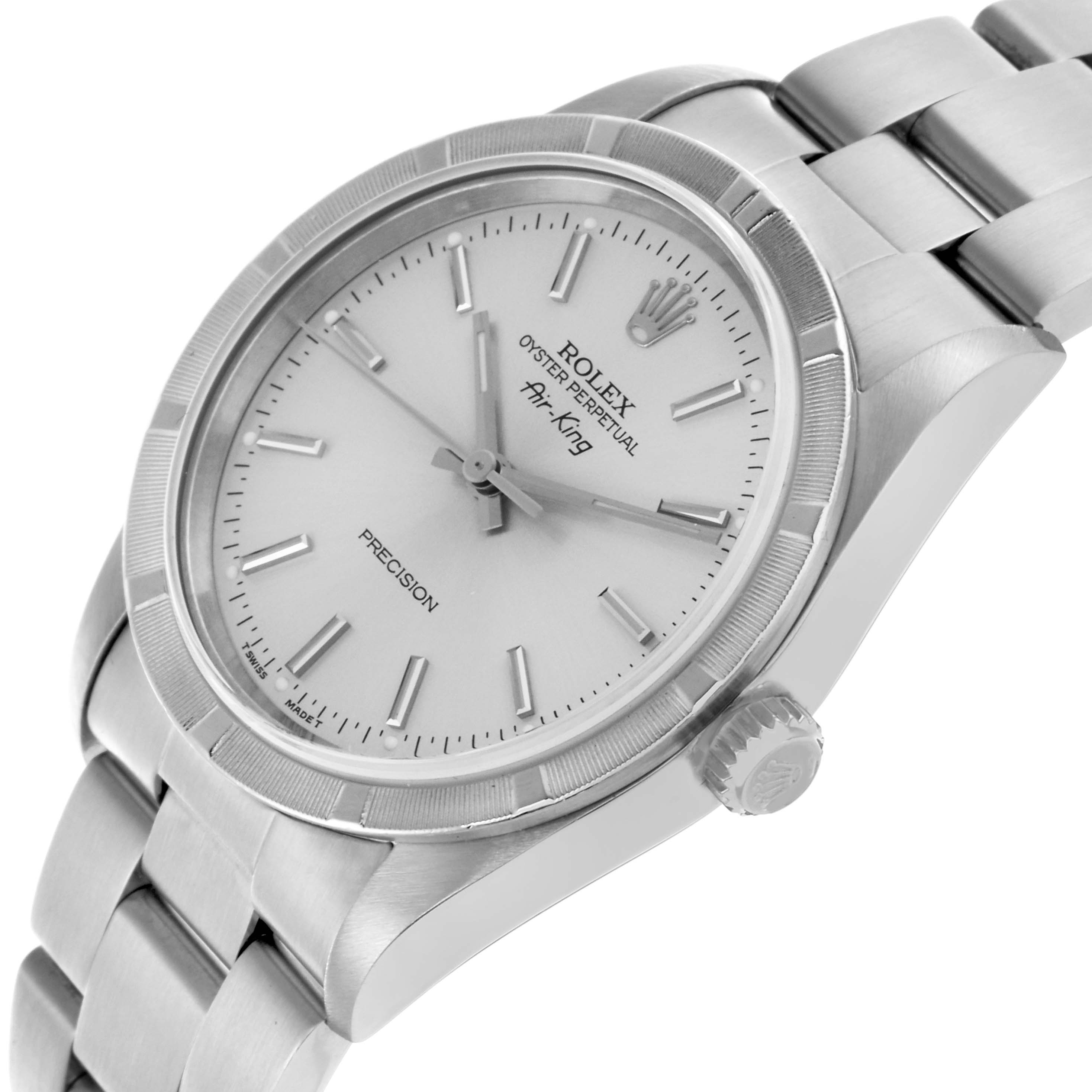 The Rolex Air-King 14010 Men's Stainless Steel Silver Dial 14010 Men's Stainless Steel Silver Dial watch is shown at a slight angle, highlighting the face, bezel, crown, and part of the bracelet.