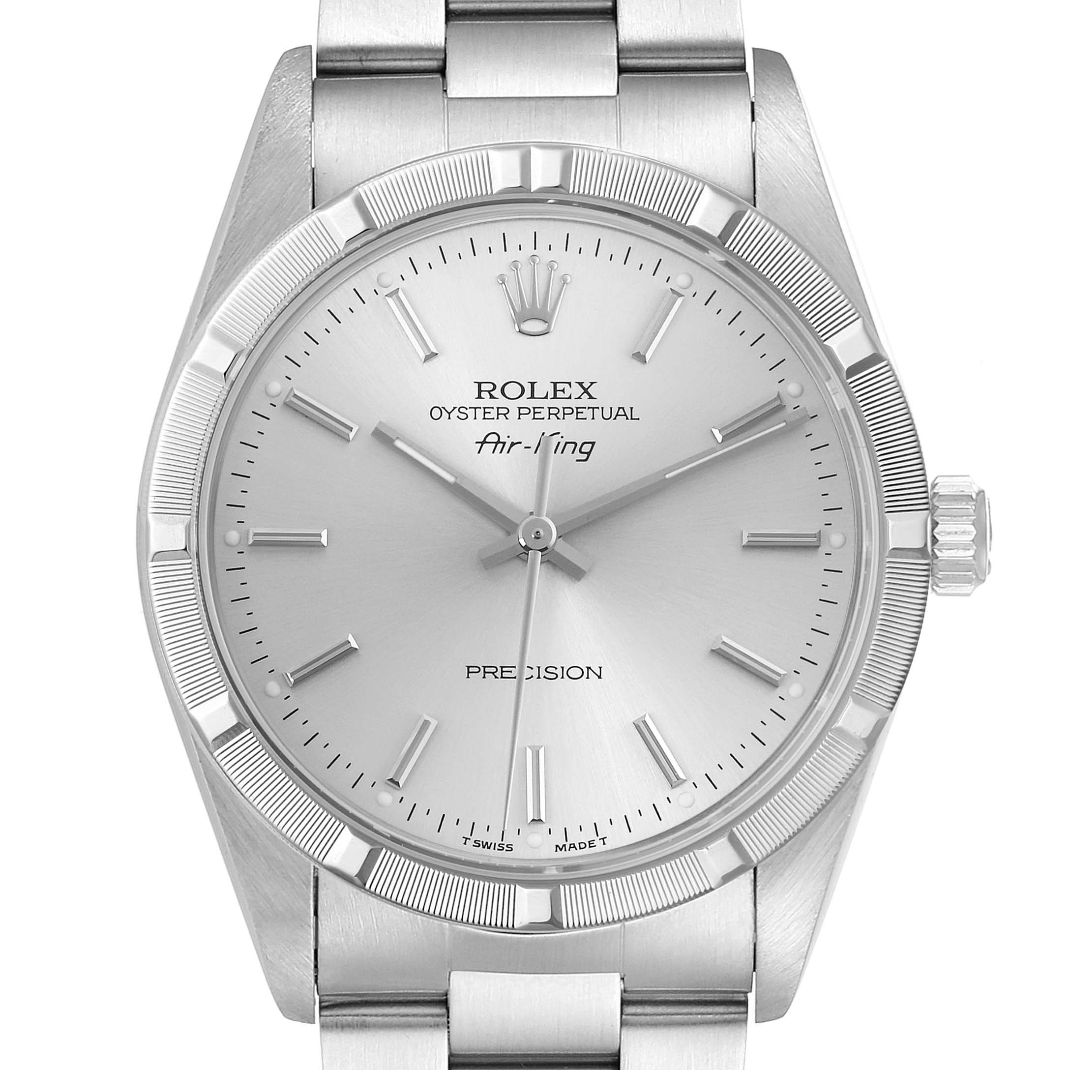 The image shows a front view of the Rolex Air-King 14010 Men's Stainless Steel Silver Dial 14010 Men's Stainless Steel Silver Dial watch, highlighting the dial, case, crown, and part of the bracelet.