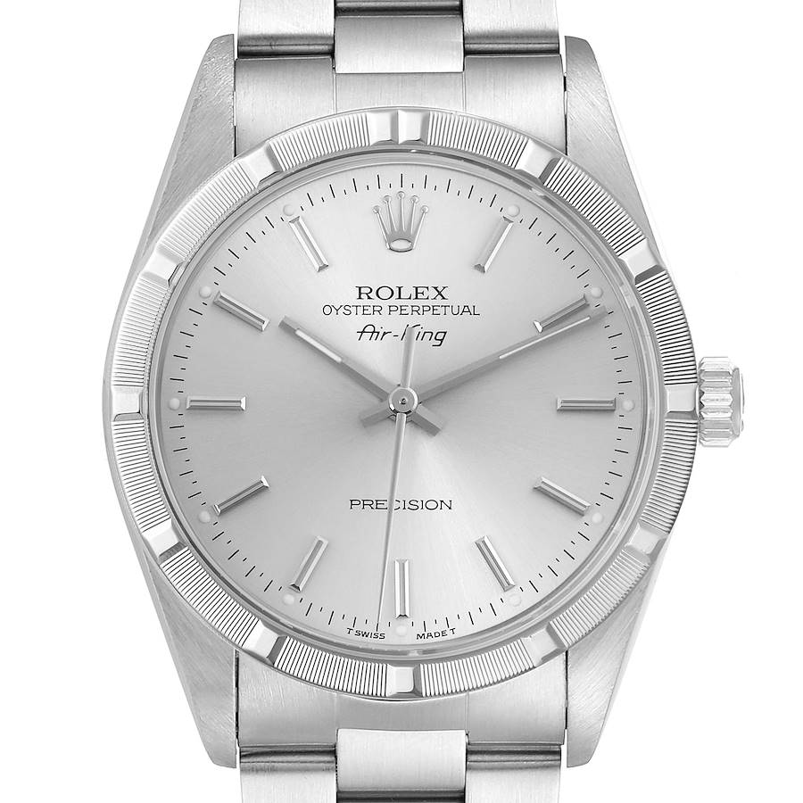 The image shows a front view of the Rolex Air-King watch, highlighting the dial, case, crown, and part of the bracelet.