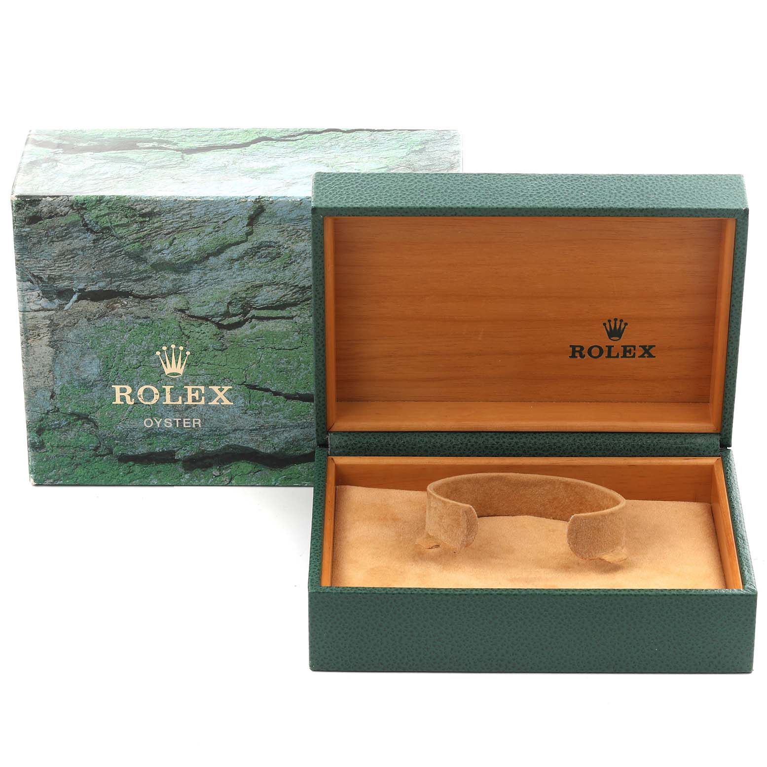 The image shows a Rolex Air-King 14010 Men's Stainless Steel Silver Dial 14010 Men's Stainless Steel Silver Dial watch box and its interior with a strap holder.
