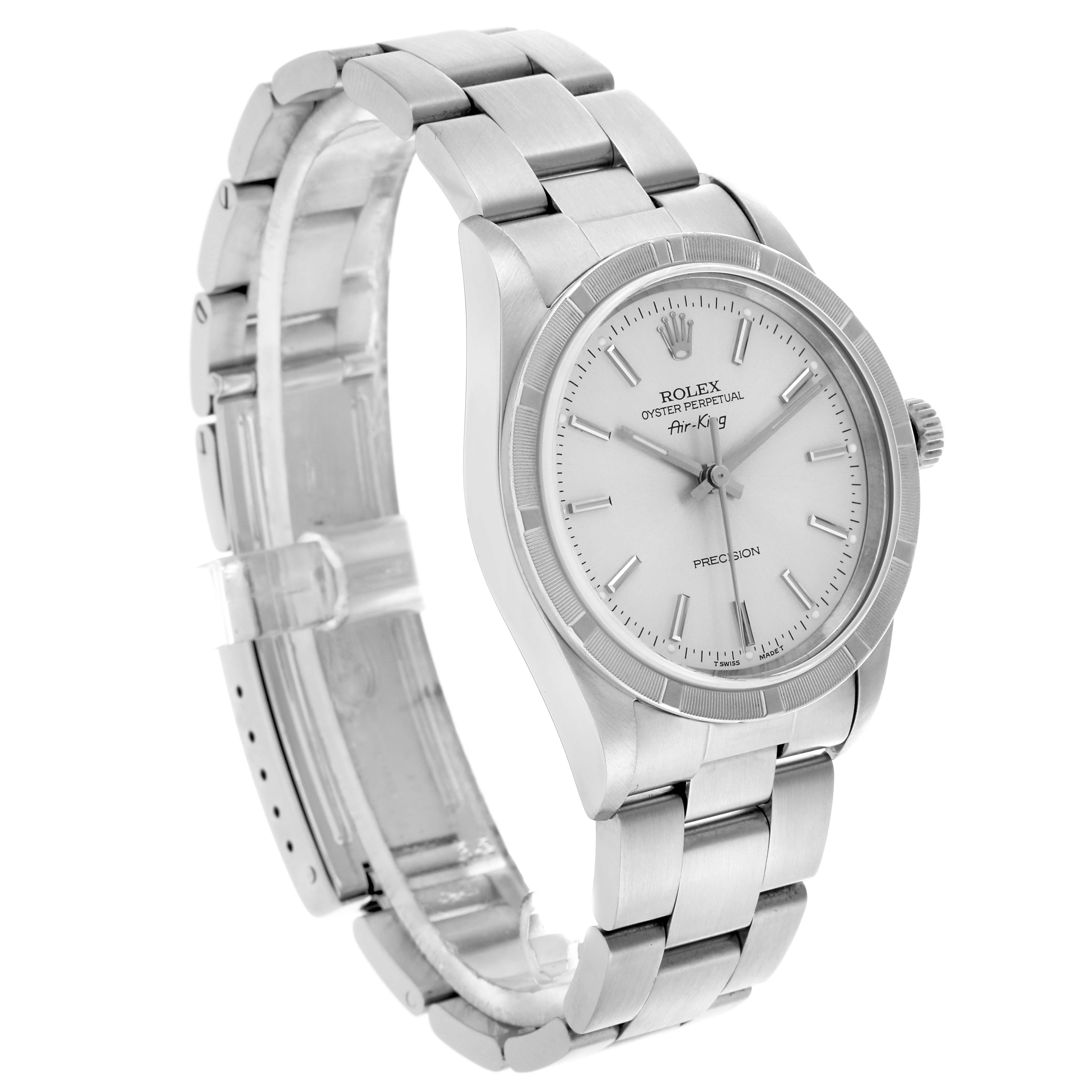 The Rolex Air-King 14010 Men's Stainless Steel Silver Dial 14010 Men's Stainless Steel Silver Dial watch is shown at a slight angle, highlighting the face, bezel, crown, and part of the bracelet.