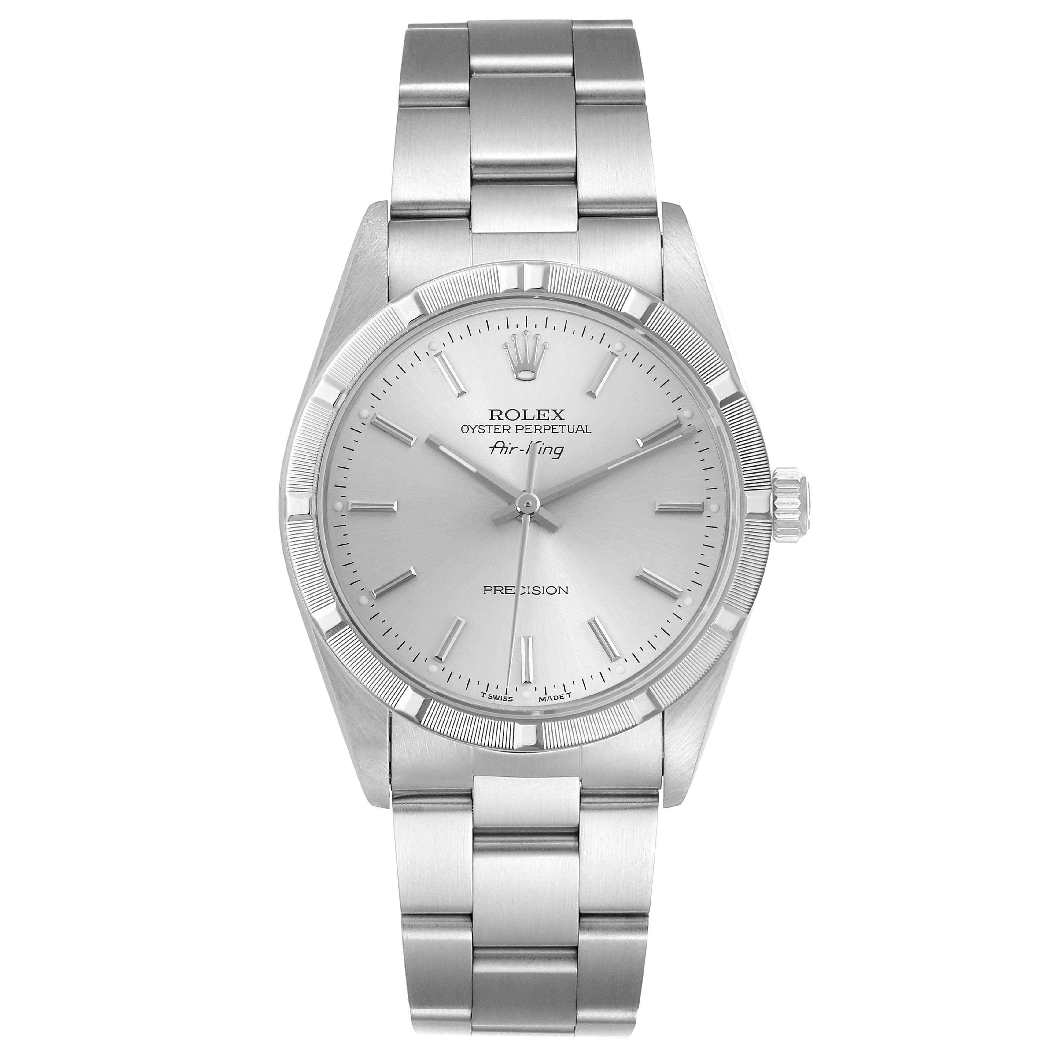The Rolex Air-King 14010 Men's Stainless Steel Silver Dial 14010 Men's Stainless Steel Silver Dial watch is shown from a top-down angle, displaying the full face, bezel, and bracelet.
