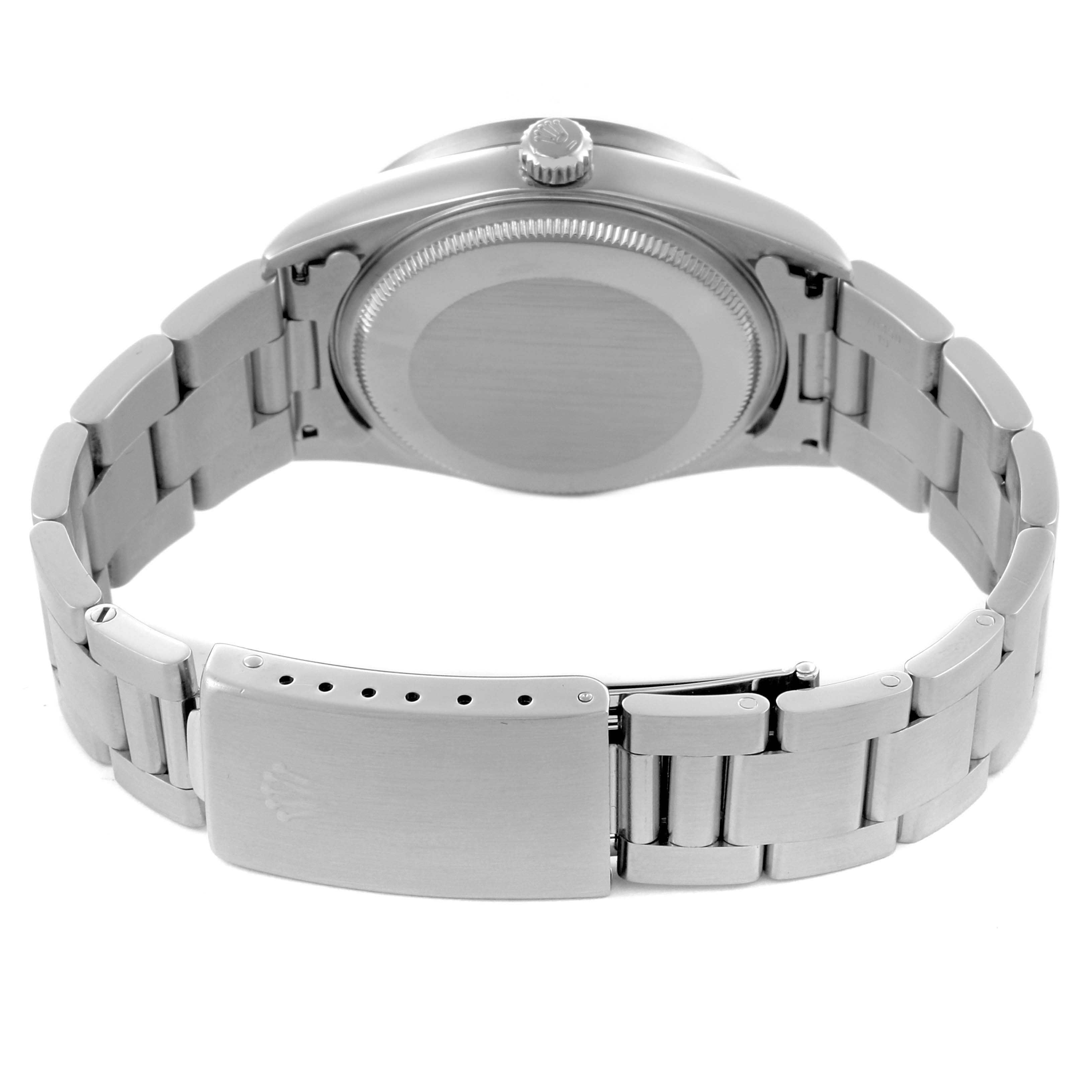 The image shows the back and clasp of a Rolex Air-King 14010 Men's Stainless Steel Silver Dial 14010 Men's Stainless Steel Silver Dial watch, highlighting the bracelet and case back.