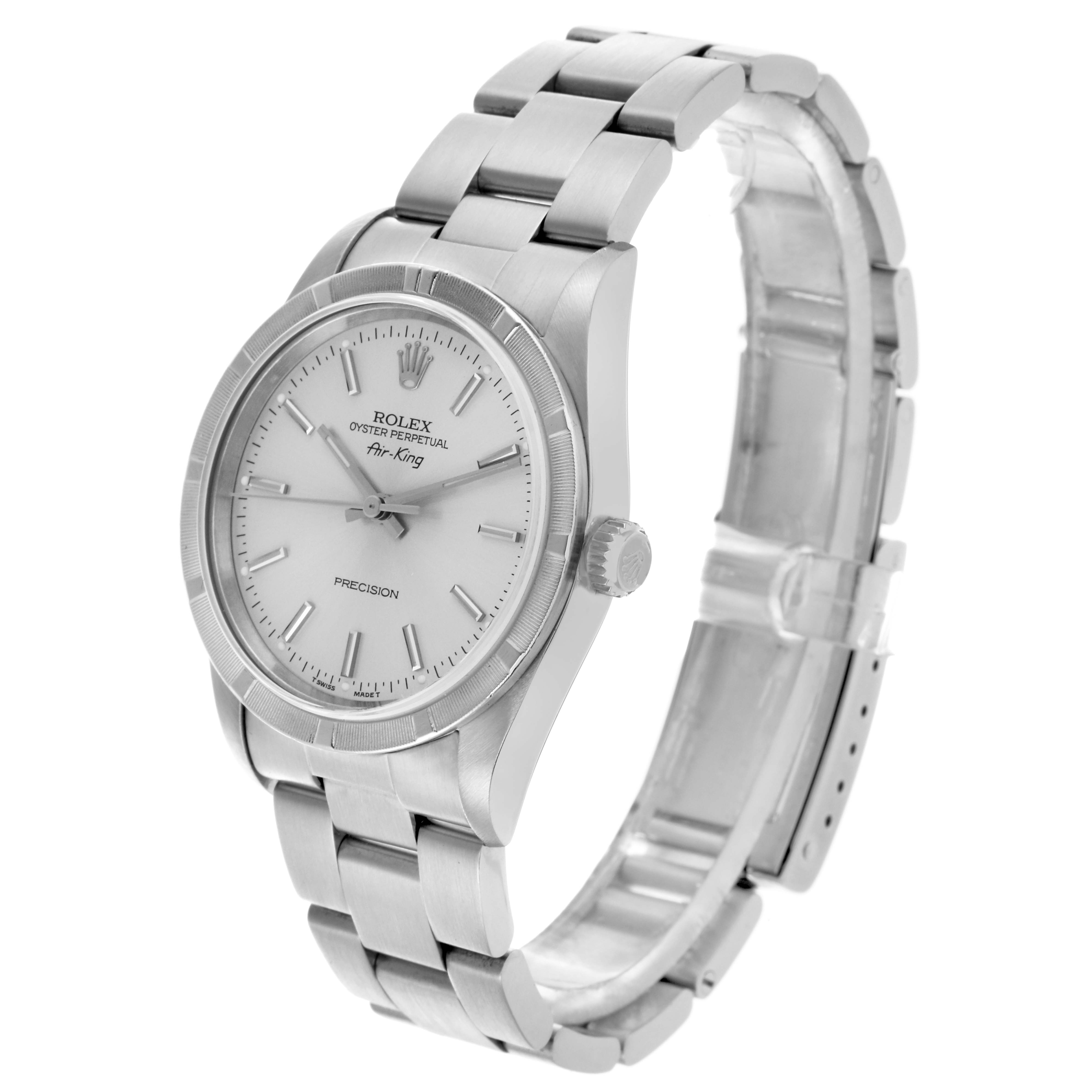 The Rolex Air-King 14010 Men's Stainless Steel Silver Dial 14010 Men's Stainless Steel Silver Dial watch is shown at a side angle, displaying the face, bezel, crown, and bracelet.