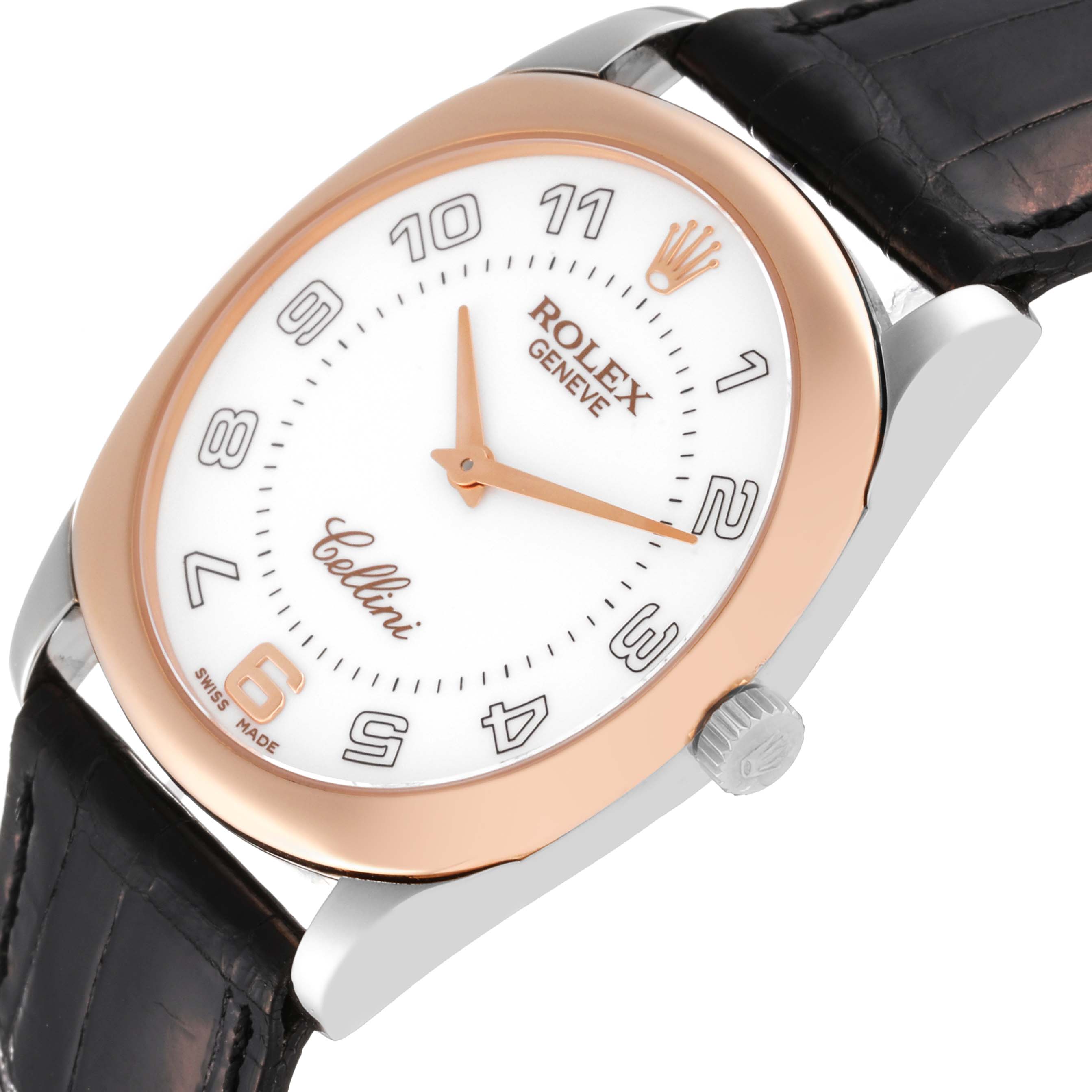 The image shows a close-up angled view of a Rolex Cellini 4233 Men's Rose Gold White Dial 4233 Men's Rose Gold White Dial watch, highlighting its face, crown, and strap.