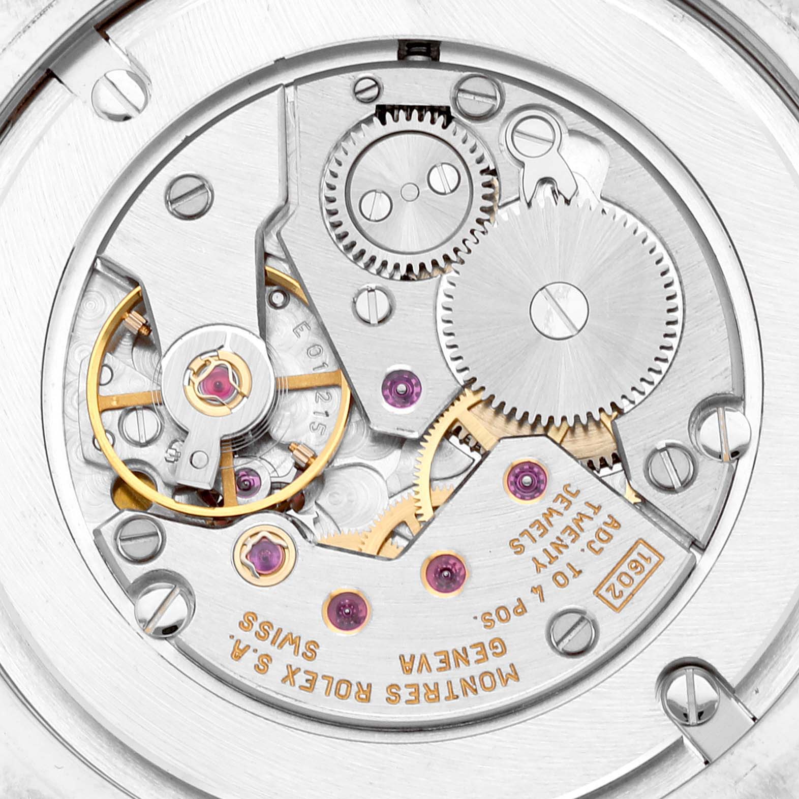 This is an up-close view of the Rolex Cellini 4233 Men's Rose Gold White Dial 4233 Men's Rose Gold White Dial's movement mechanism, showcasing gears and intricate components.