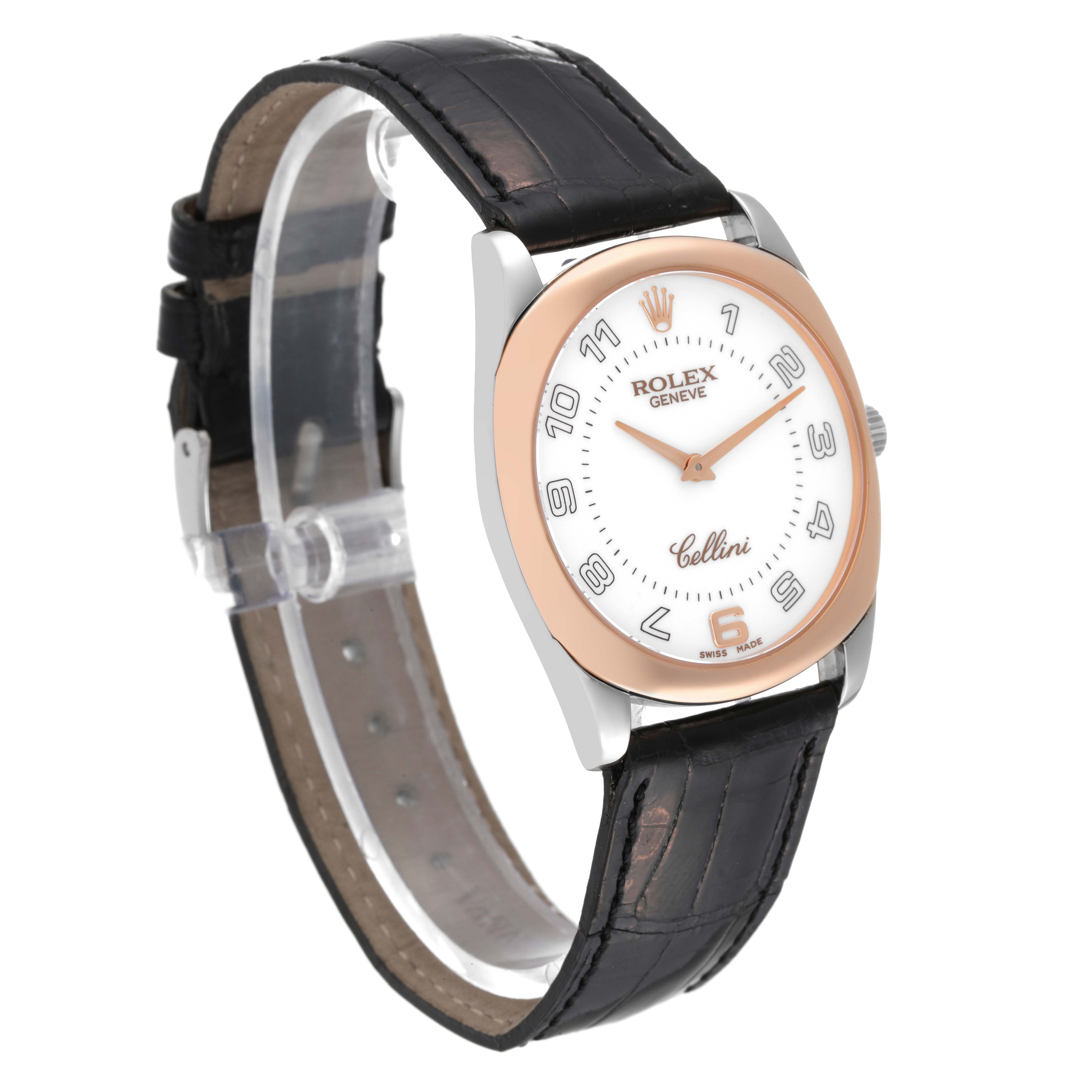 The image shows a Rolex Cellini 4233 Men's Rose Gold White Dial 4233 Men's Rose Gold White Dial watch at a slight angle, highlighting its dial, case, and black leather strap.
