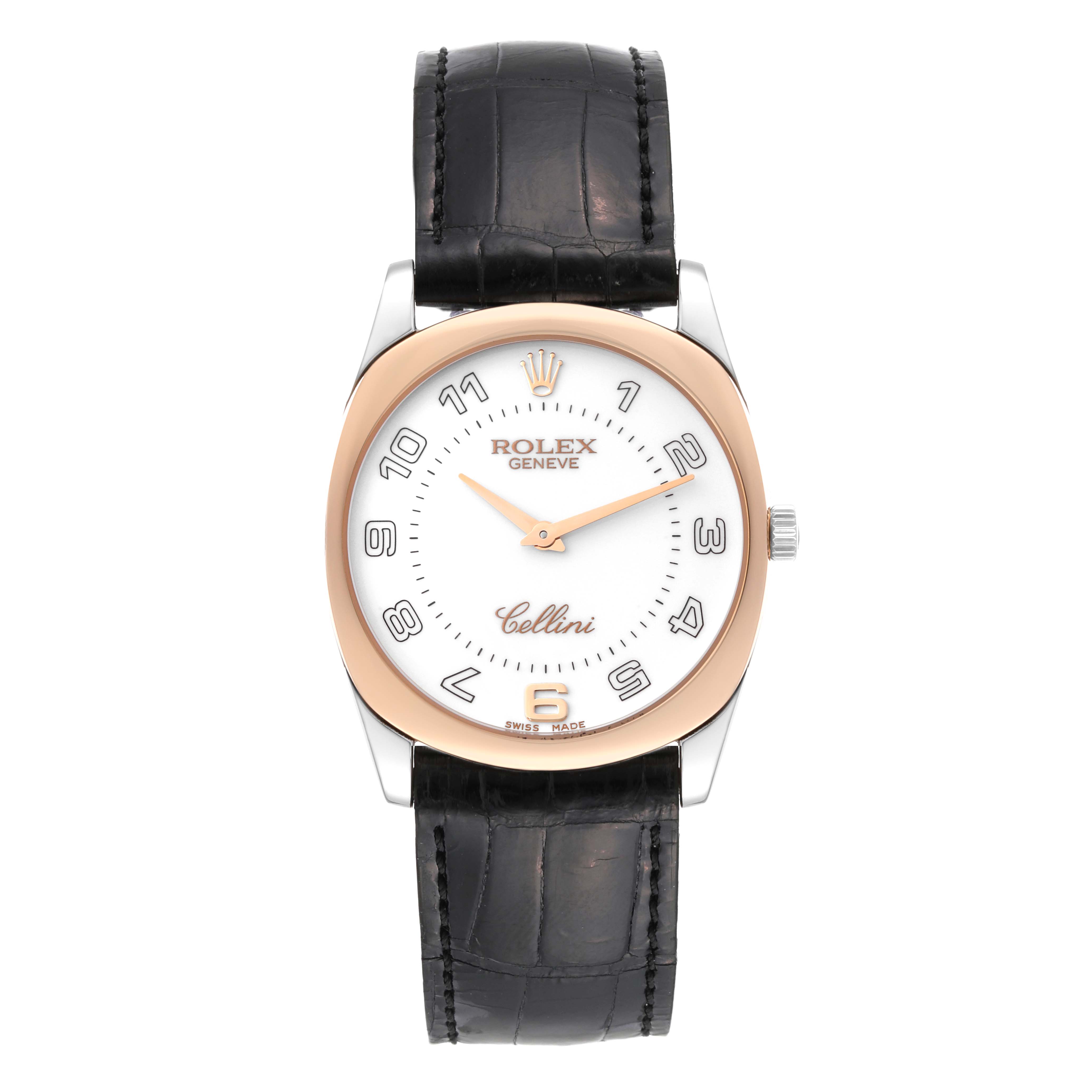 The Rolex Cellini 4233 Men's Rose Gold White Dial 4233 Men's Rose Gold White Dial watch is shown from a front angle, displaying the face, case, and black leather strap.