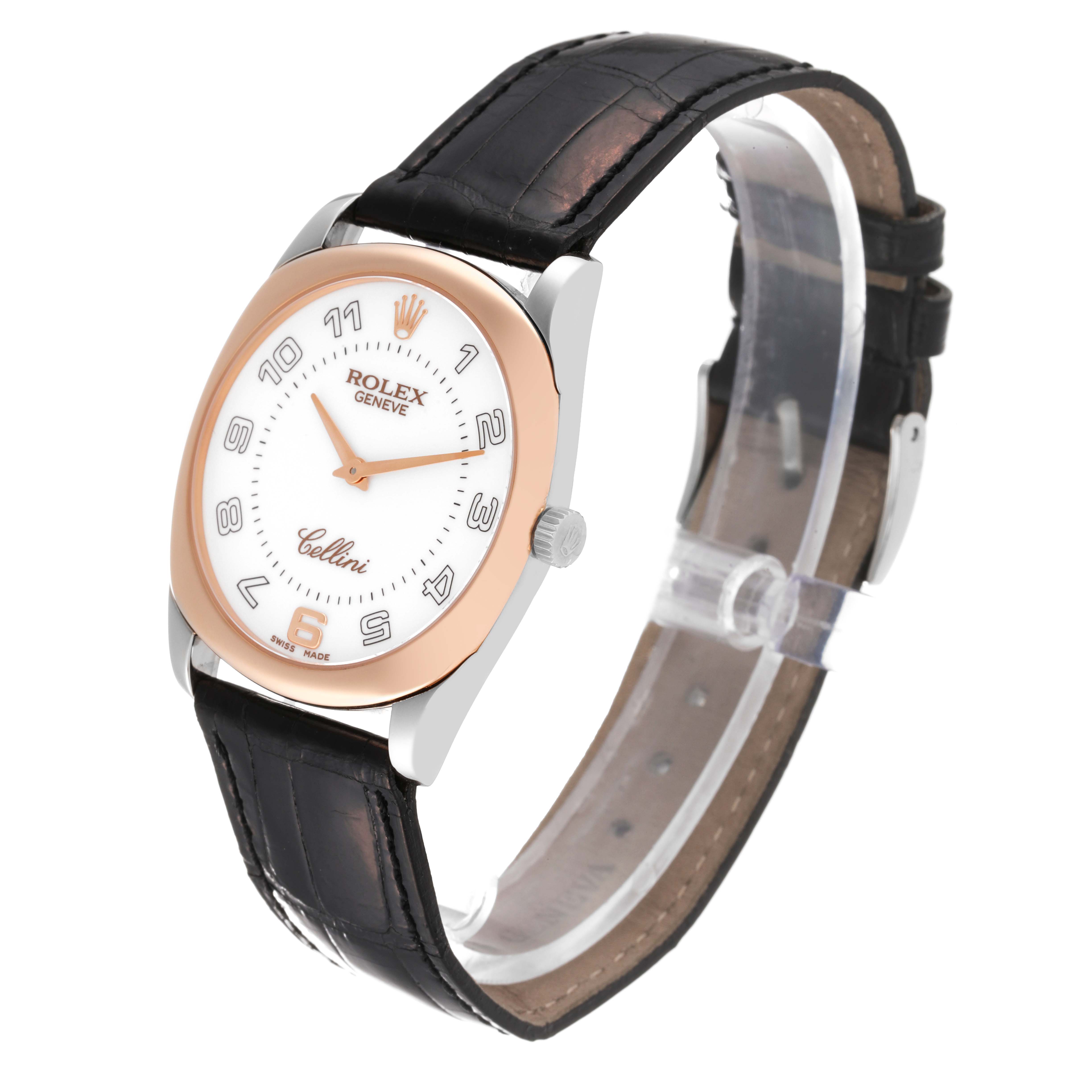 The Rolex Cellini 4233 Men's Rose Gold White Dial 4233 Men's Rose Gold White Dial watch is shown from a front-side angle, highlighting its dial, rose gold bezel, and black leather strap.