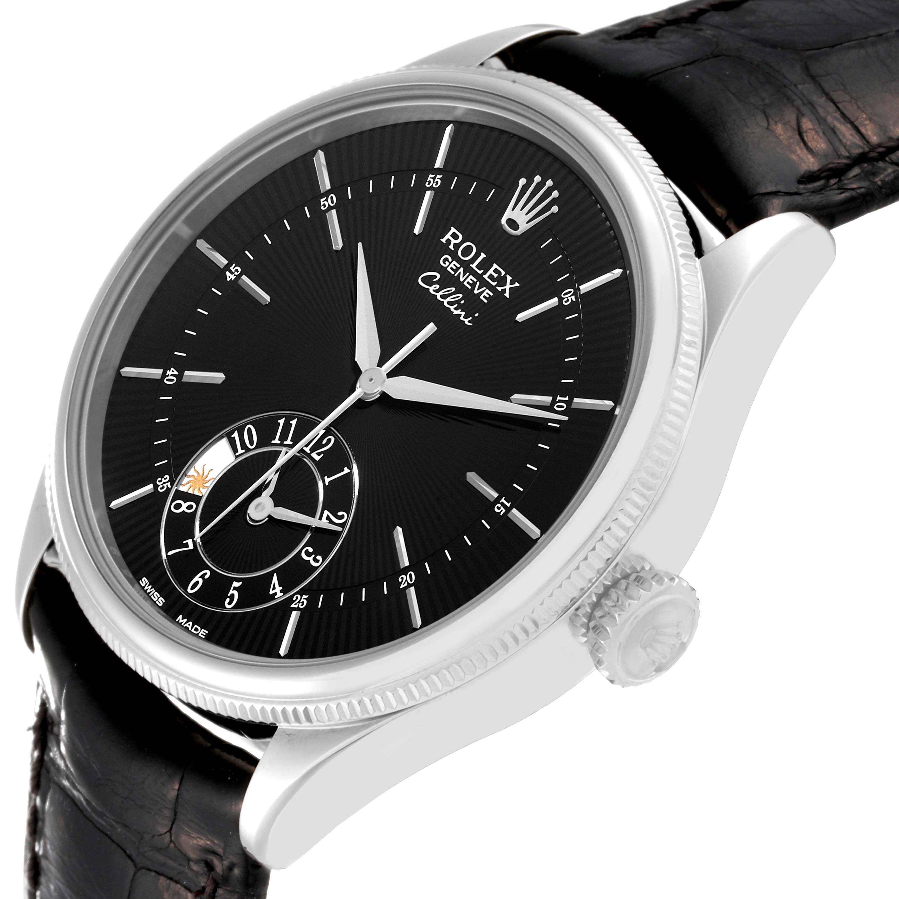 The image shows a Rolex Cellini 50529 Men's White Gold Black Dial 50529 Men's White Gold Black Dial watch angled to display its black dial, hands, crown, and part of the leather strap.