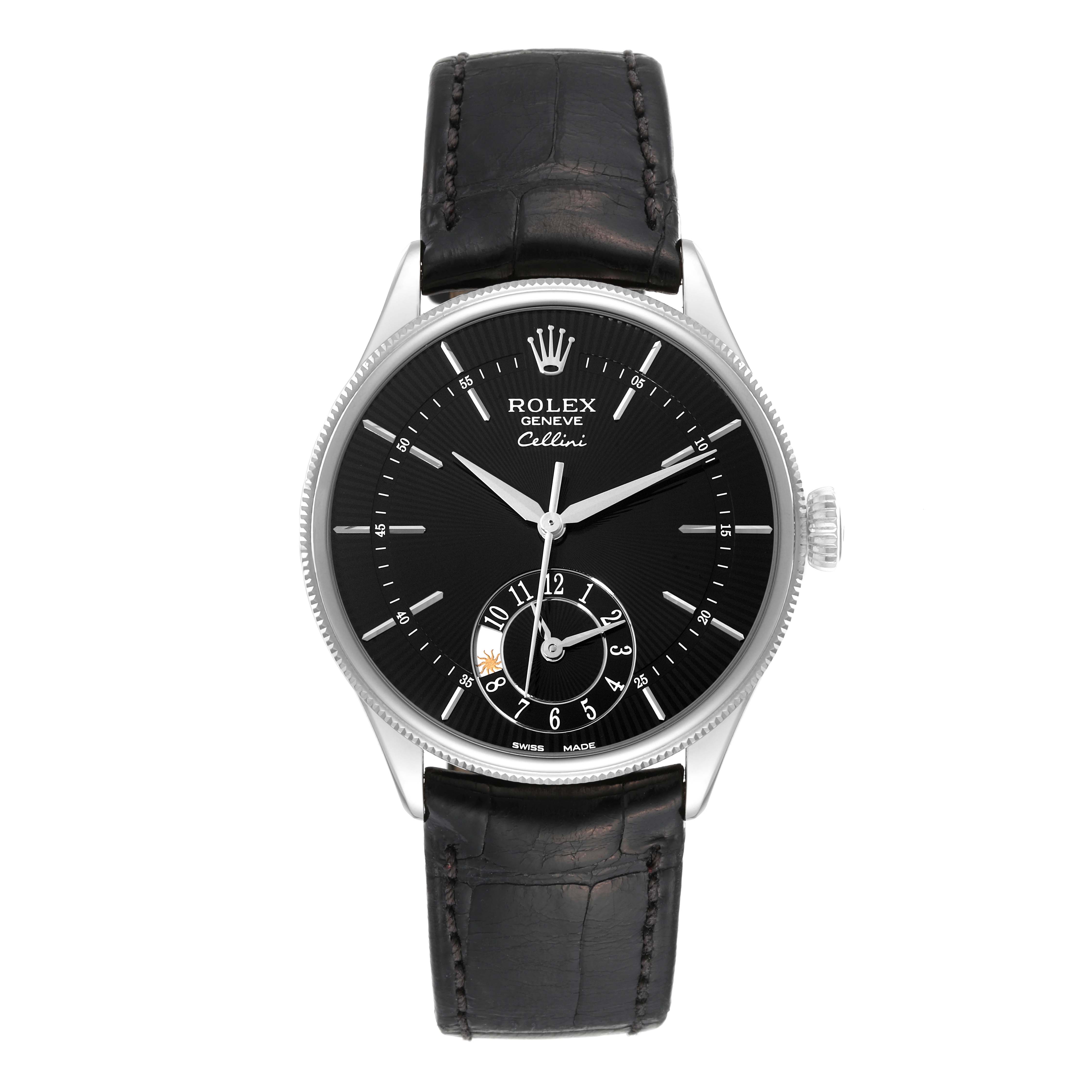 The image shows a front view of the Rolex Cellini 50529 Men's White Gold Black Dial 50529 Men's White Gold Black Dial watch, displaying its black dial, hour markers, hands, and leather strap.