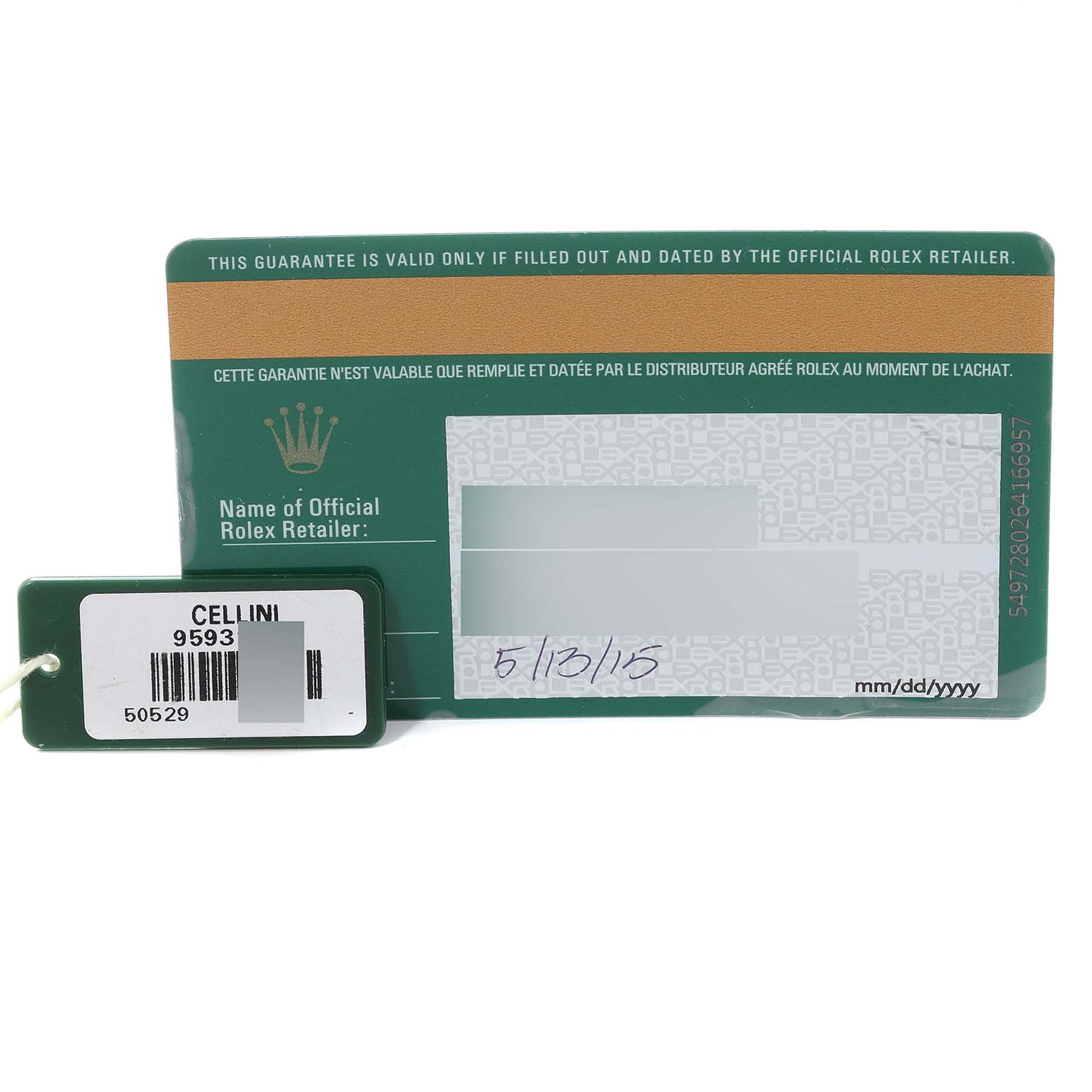 The image shows the warranty card and tag of the Cellini model by Rolex.