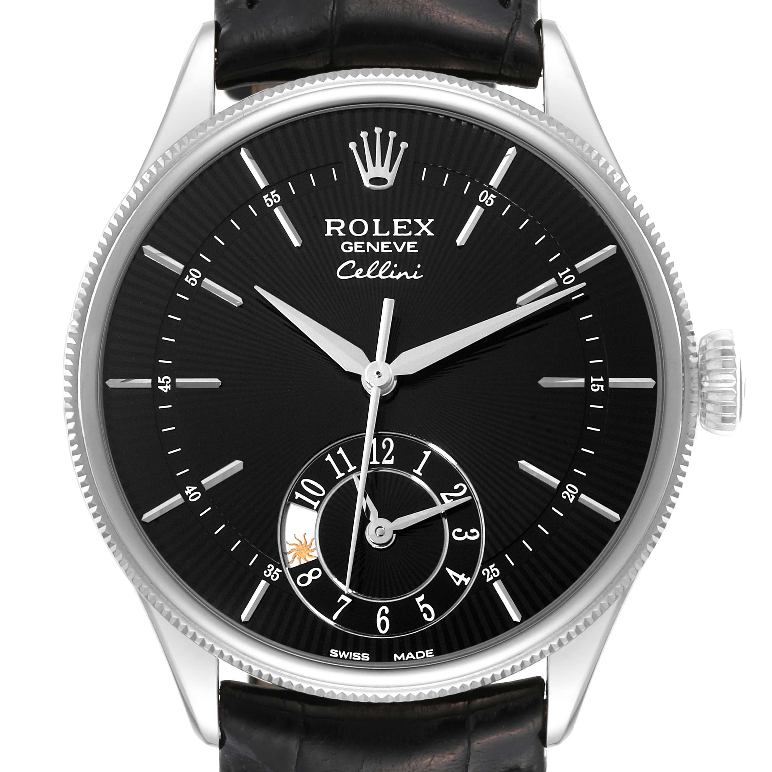 The image shows a front view of a Rolex Cellini 50529 Men's White Gold Black Dial 50529 Men's White Gold Black Dial watch, highlighting its black dial, silver hands, and small seconds sub-dial.
